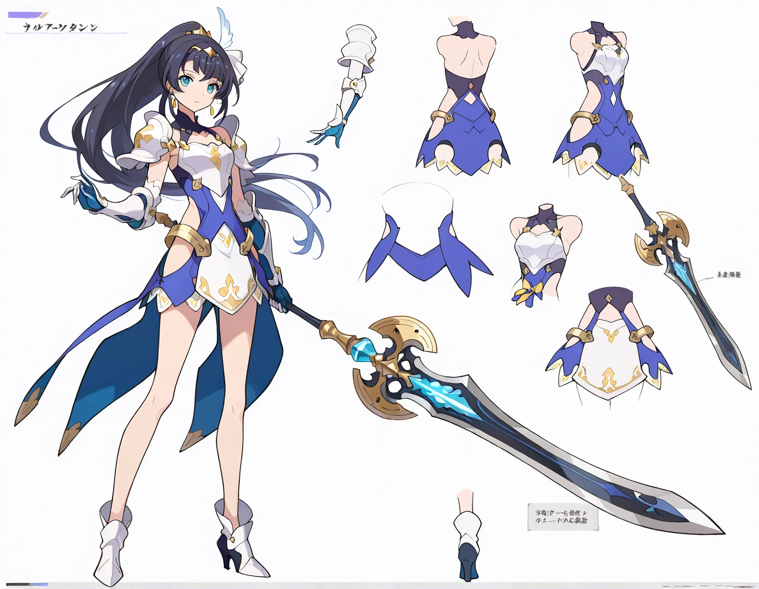 masterpiece, best quality, solo, milf, high fantasy outfits, ((white background)), full body, multiple views, thong, cleavage, holding blade, bikini armor,