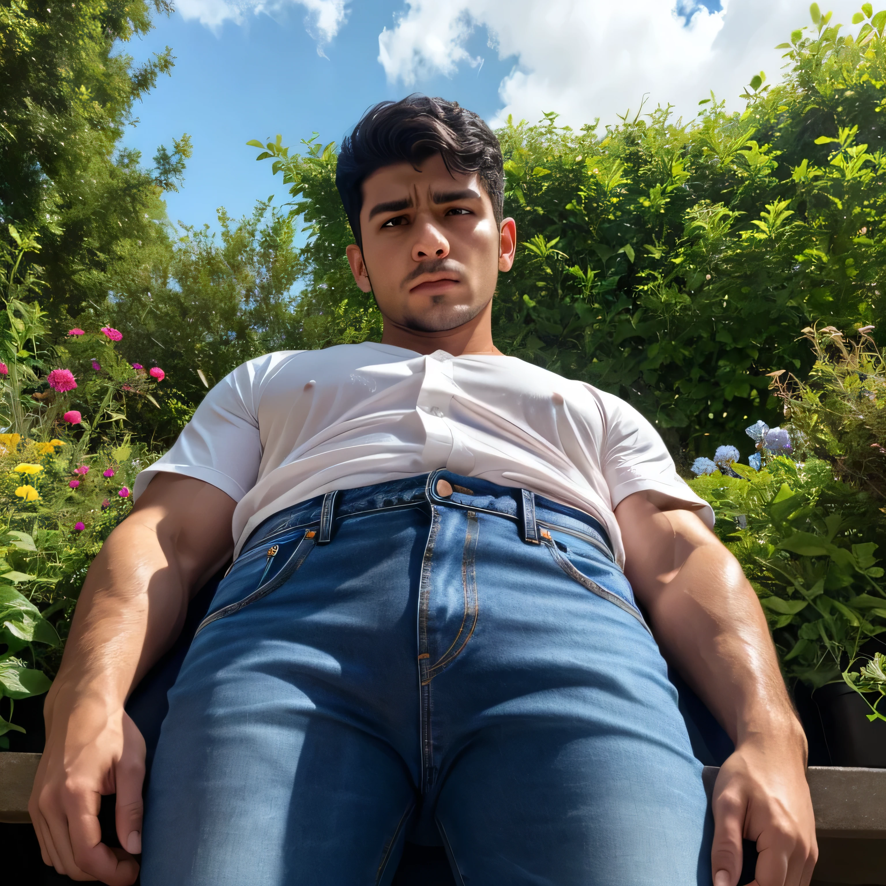 40 years old、handsome guy , 1 man,white shirt。black tie、 black hair、Short Hair、Natural short hair perm、garden、 on the lawn 　 as seen from below。　up your upper body 　 Menacing look　　 slim jeans similar to Kim Seol-young　　 black gloves、　up your upper body　　 as seen from below。　up your upper body　Iraqi Faces　　 slim jeans similar to Kim Seol-young　　Dark Stubborn　up your upper body　　Dark Stubborn　Iraqi Faces、Dark Stubborn　looks at the camera　up your upper body