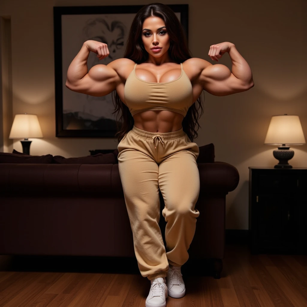 A heavilya heavily muscled ifbb pro female bodybuilder, (Best quality, 8k, 32k, Masterpiece, UHD:1.2), beautiful European woman, (very light skin, dark makeup, red lipstick), ((Stewardess uniform:1.2)),, medium breasts, cleavage, sultry, sexy, naughty, black hair, curly non straight ponytail, glasses, looking at viewer, background: (in an airplane)