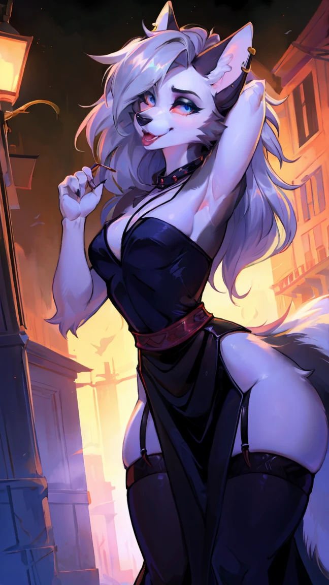 (front:1.5),(furry:1.5),long lashes,flowy chiffon,well-proportioned figure,(thick thighs:1.1),perfectly high-detail facial features,(perfect detailed eyes:1.5),upright pupils,silky long hair,cute,furry_girl,wolf_girl,detailed_eyes,silver_hair,long hair,cute_ears,wolf_ears,black robe,leggings,fluffy_furs,wolf_tails,earrings,upper body,panty & stocking with garterbelt,neck garter,(thick thighs:1.1),(perfect detailed eyes:1.5),upright pupils,(cat-like eyes:1.5),smiling,masterpiece, best quality, Ultra-high quality, Ridiculous details,(best quality,4k,8k,highres,masterpiece:1.2),ultra-detailed