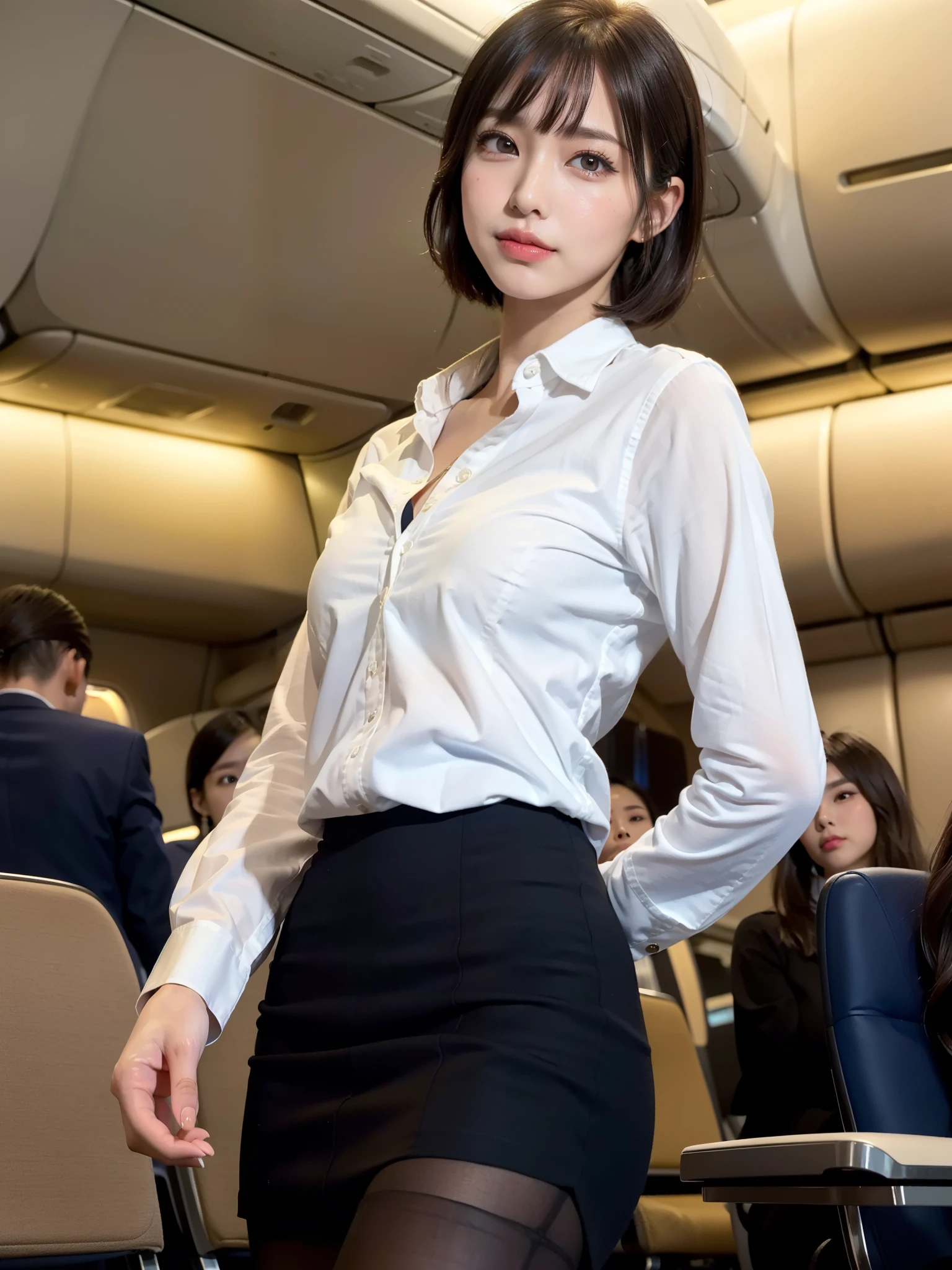 (Best Quality: 1.1), (Realistic: 1.1), (Photography: 1.1), (highly detailed: 1.1), (1womanl), Airline flight attendants, mature, coat, White shirt, Short skirt, black lace stockings, in an airplane, Brown eyes, (Brunette bob gorgeous hair)