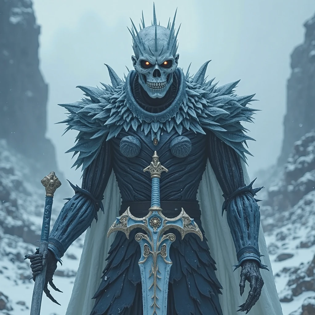_modelshoot style, (extremely detailed CG unity 8k wallpaper)masterpiece, best quality, intricate detail, absurdres, a skeletonized man like dota 2  hero with bits of flesh hanging off his bones, his skull is covered in icicles and frost, intricate carving, wearing a face mask, glowing eye sockets, wearing a frozen blue crown, chromatic aberration, depth of field, professional photography, soft lighting, tone mapped, highly detailed, sharp focus, dramatic lighting, intricate details, cinematic, 8K, incredible shadows, realistic, (highly detailed background:1.0)