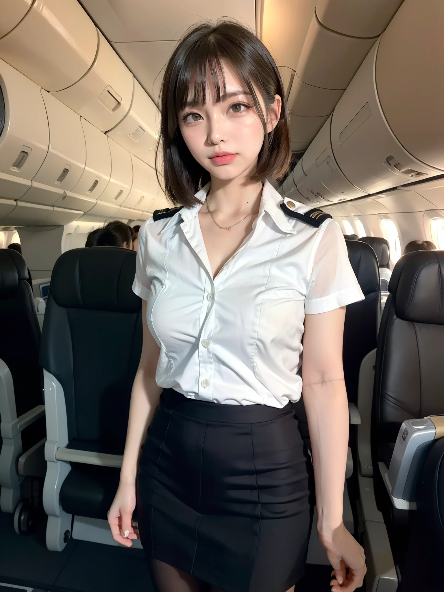 ((of the highest quality, 8K, masutepiece: 1.3, Raw photo)), Sharp Focus: 1.2, (1 AESPA Girl :1.1), Solo, (Realistic, Photorealistic: 1.37), (Face Focus: 1.1), Cute face, hyperdetailed face, (short messy hair: 1.2), Small Smile, Small breasts, flat chest, nude, (flight attendant uniform: 1.1), sleeping pose, Thigh, chiffon panties, airport, terminal