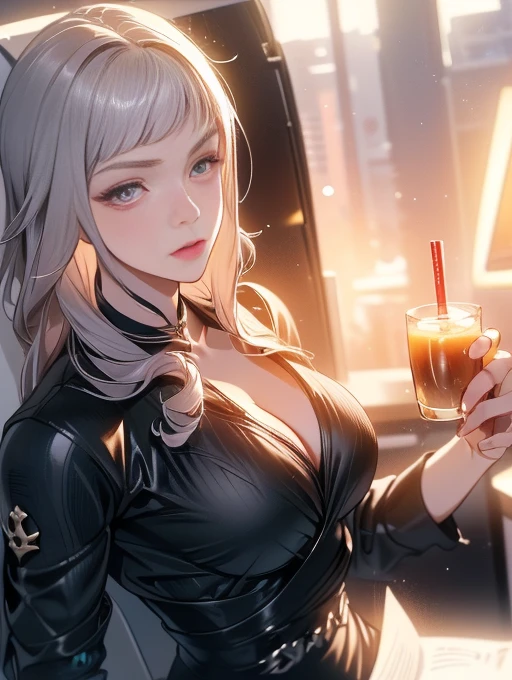 best quality, 8k, woman, beautiful, big eyelashes, looking to observer, cleavage,gray camouflage micro dress over shiny bodystocking, black belt, holding one beer glass