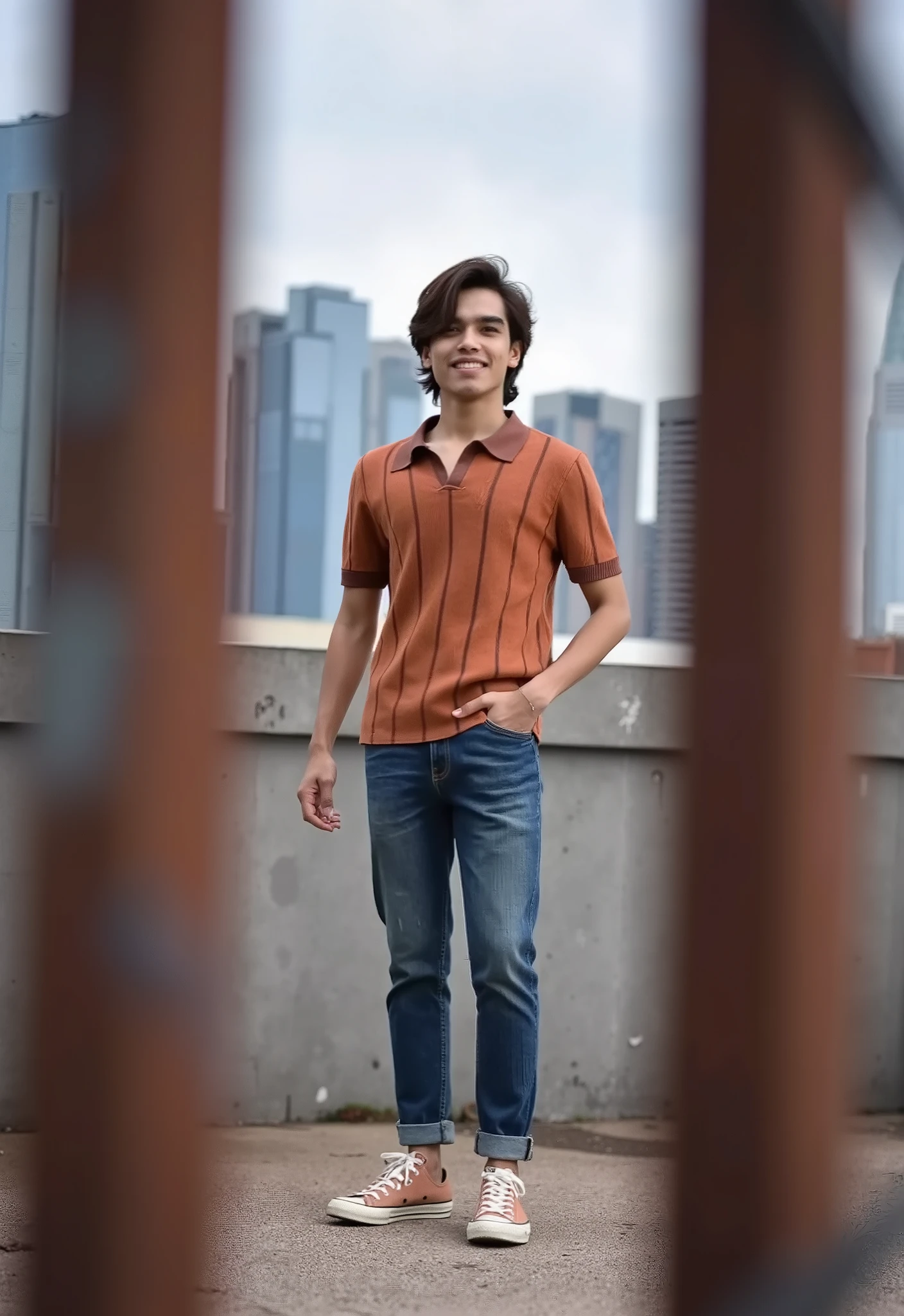 A dramatic urban portrait featuring a cheerful filipino man with mullet hair, in a HUMAN_Flat_knit_Shirts, denim jeans, chuck taylor shoes, standing confidently on a rooftop with modern skyscrapers in the background. The shot is taken from a low angle through rusty metal bars, creating a dynamic composition. The man exudes elegance and strength, contrasting against the industrial and urban setting. The scene is overcast, enhancing the moody and cinematic atmosphere.