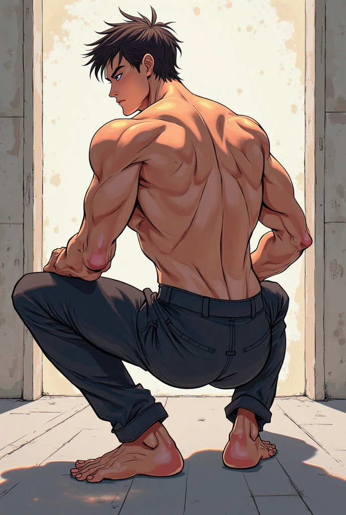 back view, demon back, back, full body in image, simple hair, full naked man, naked body, male body, jogger pants, short hair, slender body, hot body, sexy male body, dinamic pose, six patch. detalied pose, body, simple background, expressive face, focus on face, line art, sketch
