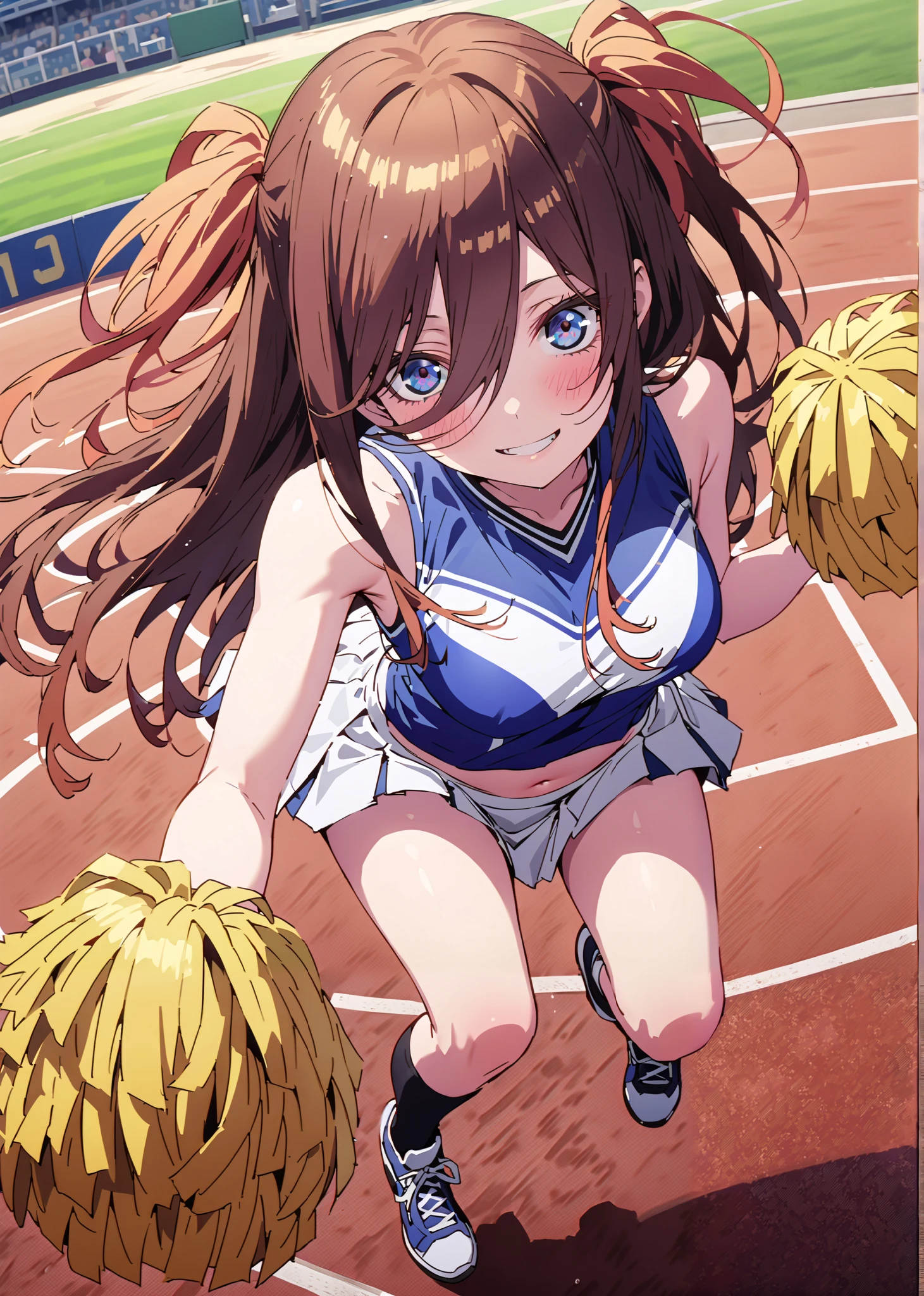 score_9, score_8_up, score_7_up, source_anime, Miku Nakano, Nakano Future, long hair, bungs, blue eyes, brown hair,Between the eyebrows,smile,blush,open their mouths, (CHEERLEADING), (full body), on chest, (semen), semen Wet Clothes, (blue clothes),sleeveless, pleated skirt on indoor floor,black socks,sneakers,belly button sticking, playground, (jump), (jump), 足を曲げてjumpする, , blue sky, Compa, smile,cheerleader with radiant skin, Pom-pom \(CHEERLEADING\) real hair ornaments,audience,full bodyがillustration for both eyesに入るように,break outdoors, Stadium,
break looking at viewer,
break (masterpiece:1.2), top quality, high resolution, Unity 8K Wallpaper , (illustration for both eyes:0.8), (beautiful detailed eyes every time I look to the side:1.6), highly detailed faces that insist on buttocks, perfect lighting, extremely detailed CG,full body写真, (PERFECT HAND, PERFECT ANATOMY),