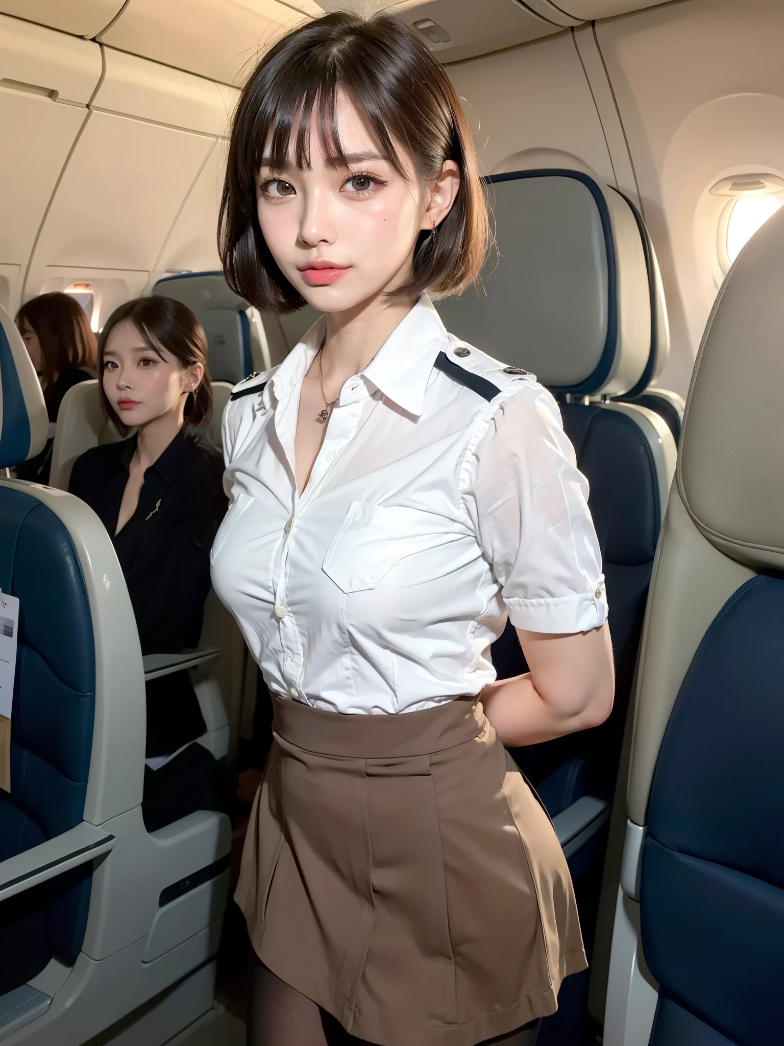 A close up (35 year old Korean,
She has almond-shaped eyes, sparkling like the stars in the night sky, ((skin tight skirt)),with long, delicate eyelashes that frame them perfectly. Her flawless, porcelain skin glows with a natural radiance, accentuated by rosy cheeks that hint at a gentle flush. Her small, heart-shaped lips curve into a soft smile that lights up her face, while her straight, sleek black hair cascades down her shoulders like a waterfall, adding an air of elegance to her already captivating presence)), chubby ((body)),
((Focus on face, Aisle Stroll: Capture the model walking down the airplane aisle with confidence, her skirt hugging her curves as she moves gracefully through the cabin.)),
looking at viewer,in airplane, behind view, back view, ((wearning tight blue long skirt and white top)), realistic, photorealistic, exhausted, very_high_resolution, high_definition, detailed wrinkled face, detailed eyes, detailed skin texture, seductive smile, very big , long brown hairs, bright light coming from window, very tight clothes, slightly_chubby,sagging breasts,big_natural_breasts,from behind