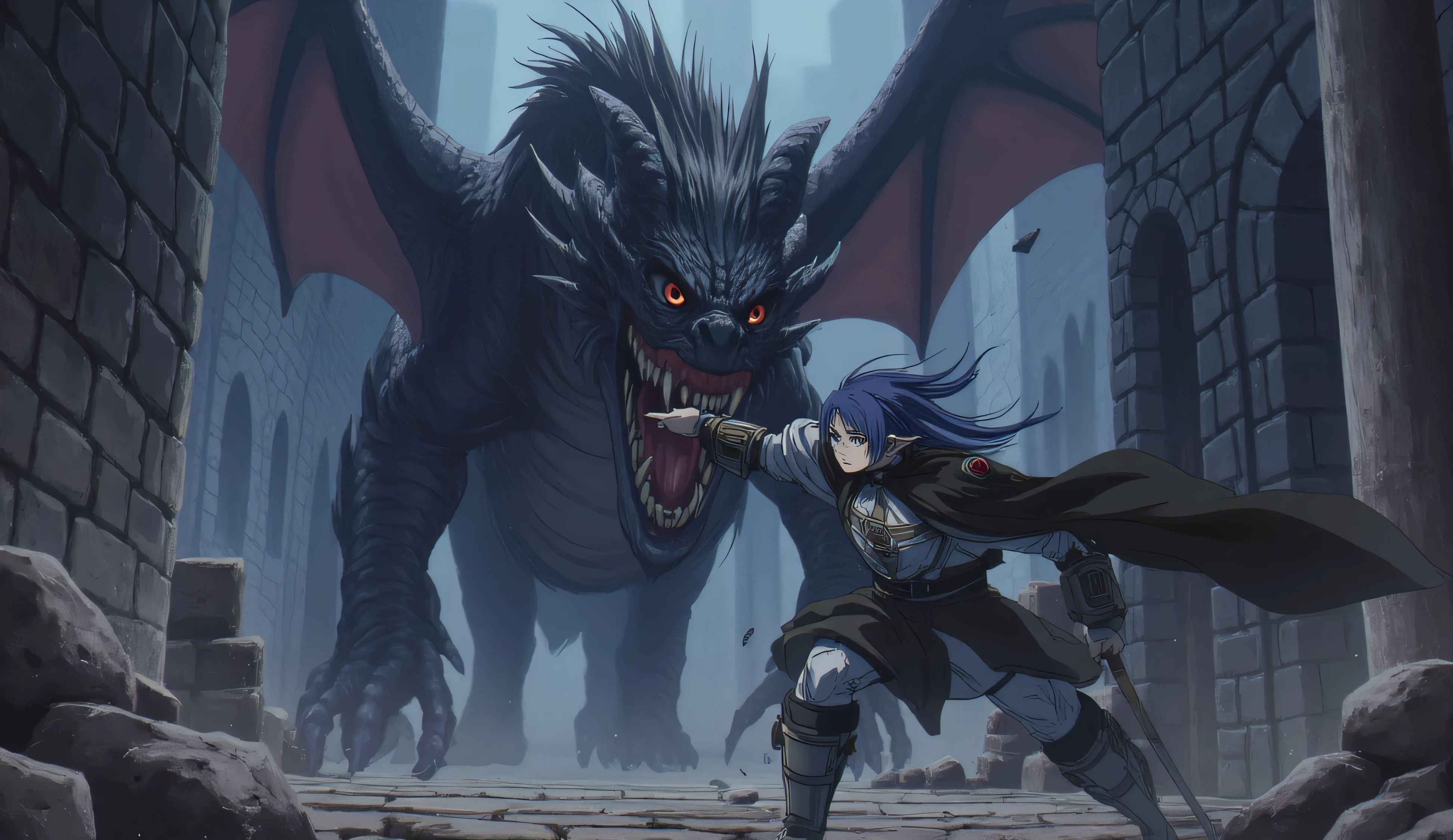 anime style, man with gray armor, dark blue hair blue eyes, fighting aganist a dragon in a dungeon, gray armor, with black cape, action pose