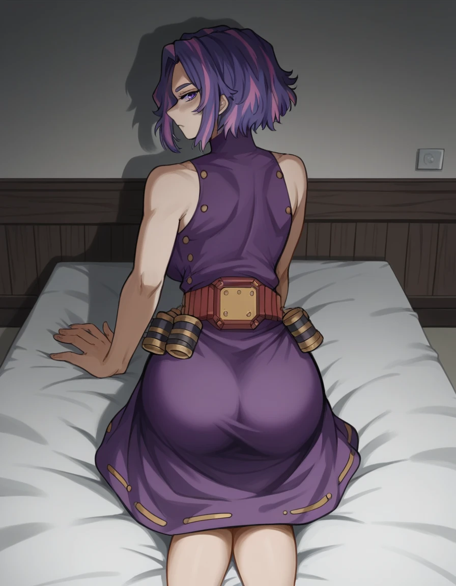 (masterpiece:1.3), (best quality:1.3), (8K), (large masterpiece digital art), (handled hair), perfect anatomy, (intricate details:1.3), (ultra-detailed:1.3), (vivid colors:1.3), (1girl), (solo), Vermeil, kinsou no vermeil, (short hair:1), hair between eyes, multicolored hair, (two-tone hair, pink hair, black hair), purple eyes, thighs, sitting, indoors, wooden floor, breasts and nipples fully exposed and bare, heavily muscular body, muscled massive breasts, massive muscles butt, nuscled torso, arched back, naked muscular body, full body angle shot, butt facing viewer, massive butt