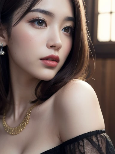 Realistic (photorealistic Realism), (high resolution), ((intricately detailed digital art)). (ultra realistic texture details: velvety skin, hair.), (ultra quality), professional photography, (((glamour shot of Japanese woman:1.4))), (intricately detailed realistic brown_eyes), ((baba z cycami i hujem na czole XD)), focus of woman, dynamic pose, sexy and seductive, flirty smile, (sharp focus, captured by Fujifilm XT3, f 5.6, in high quality, Butterfly lighting.). \ e Z e \ 4fan