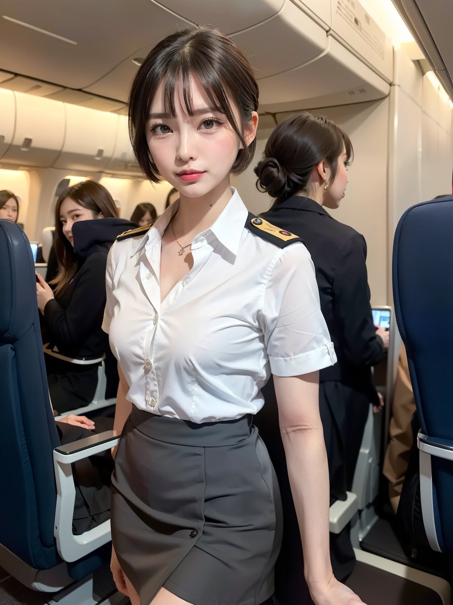 Ultra-realistic 4K photos，Ultra photo realsisim，on focus，face perfect，beauitful face，lots of fine detail，photography of，photographrealistic，top-quality，highest details，Third-person view，Long exposure，8K，hyper HD，Hyper-detailing，awardwinning photo，
Stewardess， in an airplane， short detailed hair， Shortcut Hair、Japan idle， Japan Beauty， full body Esbian，open-shirt， White skirt， Blue Short Sleeve Japan Aviation Uniform，Sexy legs、sitting in the seat