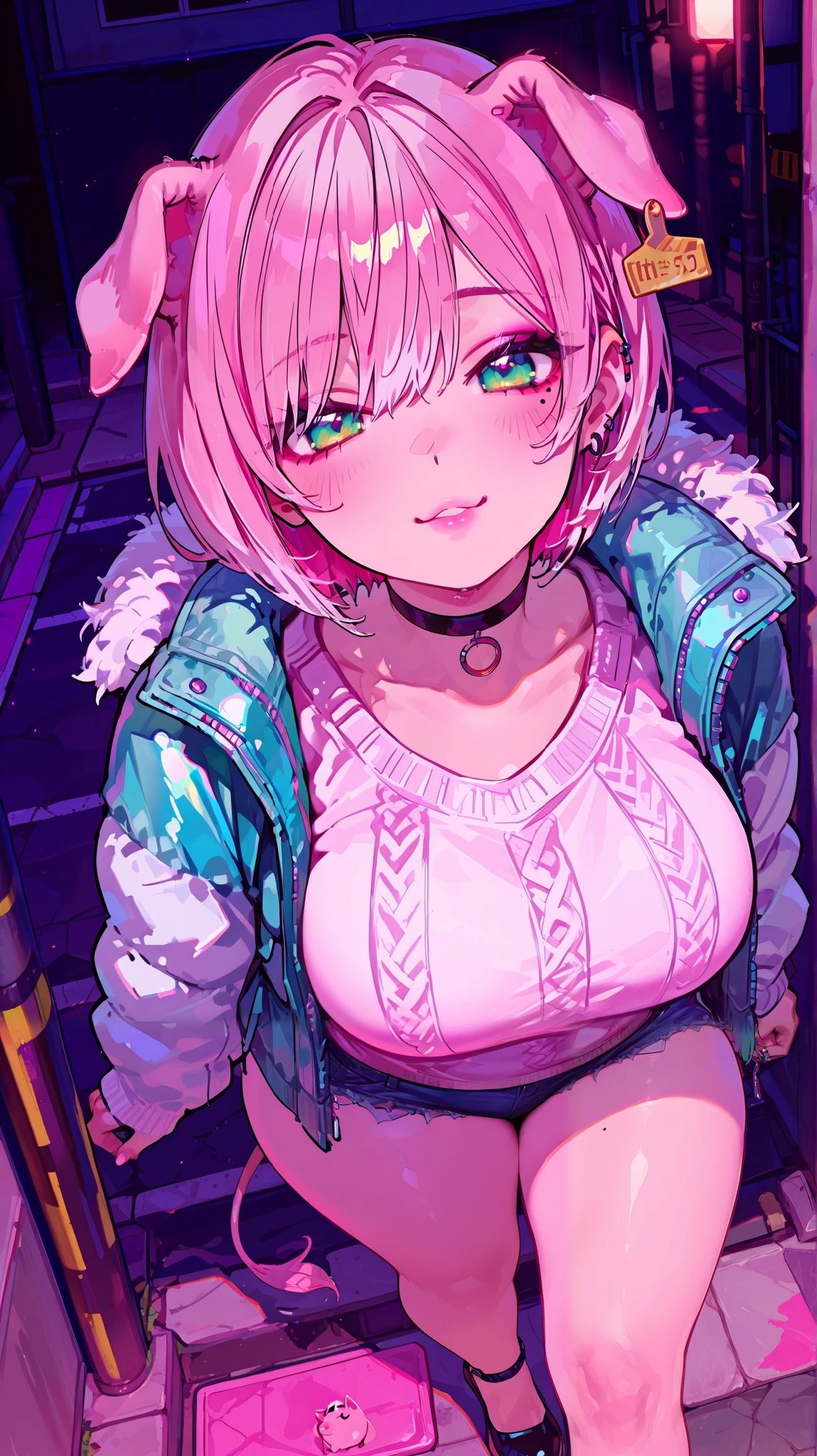 (Masterpiece), (portrait), big size, (aesthetics), ((pink short cut, mole)), multicolored hair, opened small eyes, green eyes, cute, woman, Malicious Smile, beautiful, woman Features, top, high quality, Aesthetic clothing, Professional angle, (feminine), (beautiful), (woman Features), Alone, summer, (afternoon), (brilliant light), seductive posture, Bold Makeup, (horny and slutty voluptuous woman), (super curved body), beautiful hands, Body beautiful, beautiful ears, beautiful eyes, bright eyes, beautiful mouth, beautiful lips, distressed expression, Hot thick thighs, chubby, thick woman, plus sized, embarrassed, pig ear, pig tail, white sweater, teal down jacket, hot pants, platform highheels, ear piercing, 748cmstyle, ear tag, in the street, pursed lips, choker