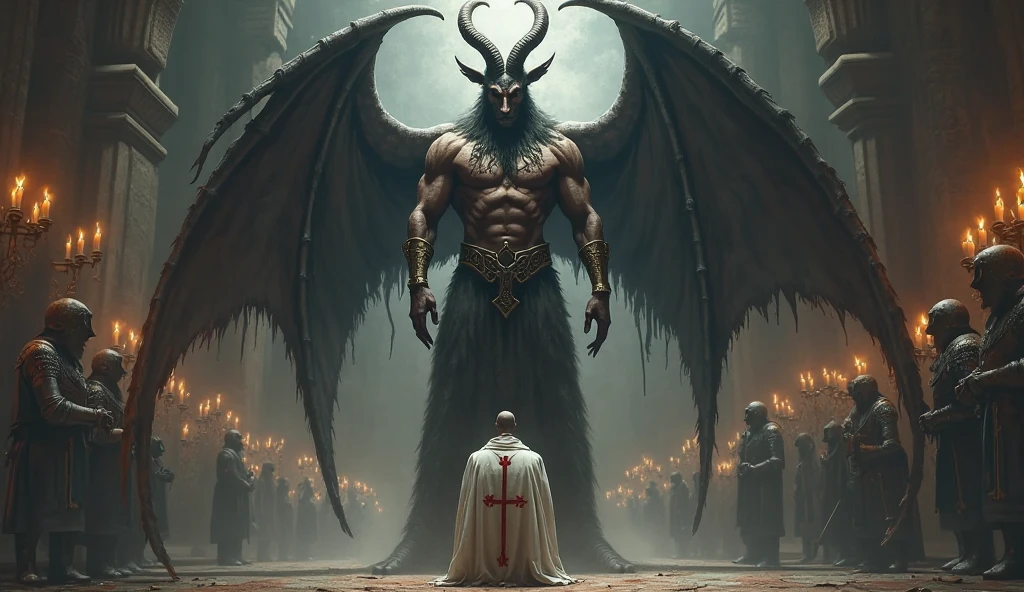 Baphomet tied up and punished by whipping by two black-robed angels with scary angry faces in hell