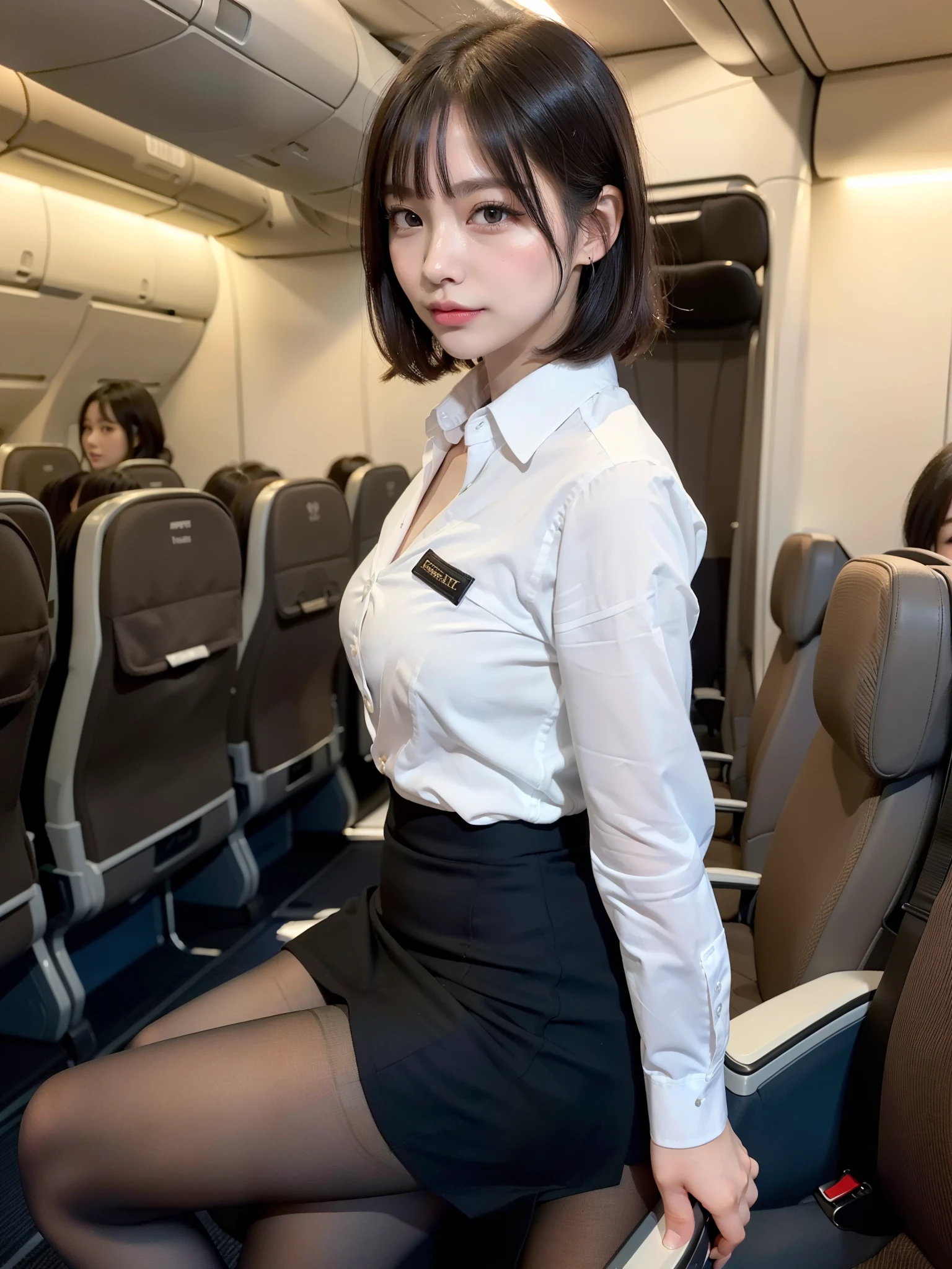 (((masterpiece))),(((high resolution)))、(((25 years old)))、(((Korean beauty)))、(((perfect face)))、(((beautiful face)))、(((Cabin attendant crouching)))、(cute face)、((uniform))、((suit))、(((pencil skirt)))、((tights))、((inside the plane))、(big breasts)、looking at the camera, standing, (chuby), ((detailed face)), plump thighs、tie、panties