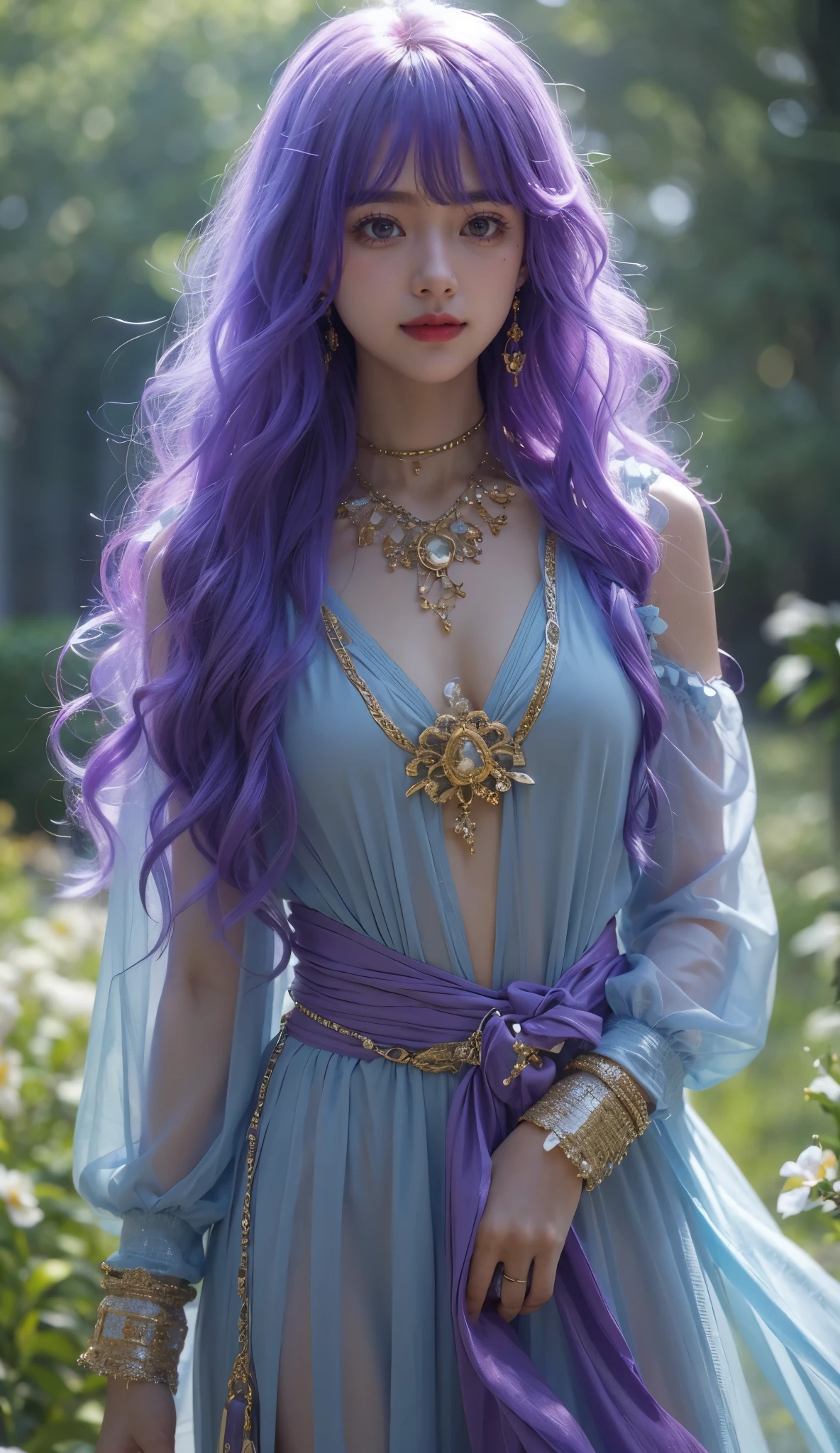 （ cute smile）clear coat.dq pom        ,purple  　hair,     earrings.、    of     , 前hair , Little head on the street     :1.3 Ultra Realistic        :1.2  , masterpiece,     of ,       more details,       has realistic lighting     .A Broader Perspective   .     fantasy    . outdoor