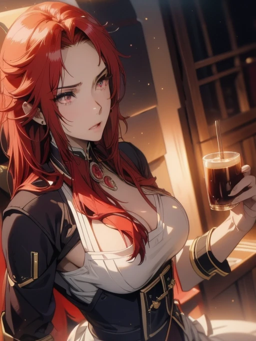 Himeko, honkai star rail, 1girl, alcohol, alternate costume, armlet, bare shoulders, black background, ((black dress)), black gloves, ((black thighhighs)), large breasts, cleavage, criss-cross halter, cup, dress, drinking glass, flower, gloves, gradient background, hair between eyes, hair ornament, halterneck, holding, holding cup, large breasts, long hair, looking at viewer, red hair, red nails, golden eyes, see-through gloves, solo, thighhighs, thighs, very long hair, wine, wine glass, ((masterpiece)) pleated red skirt, sitting,