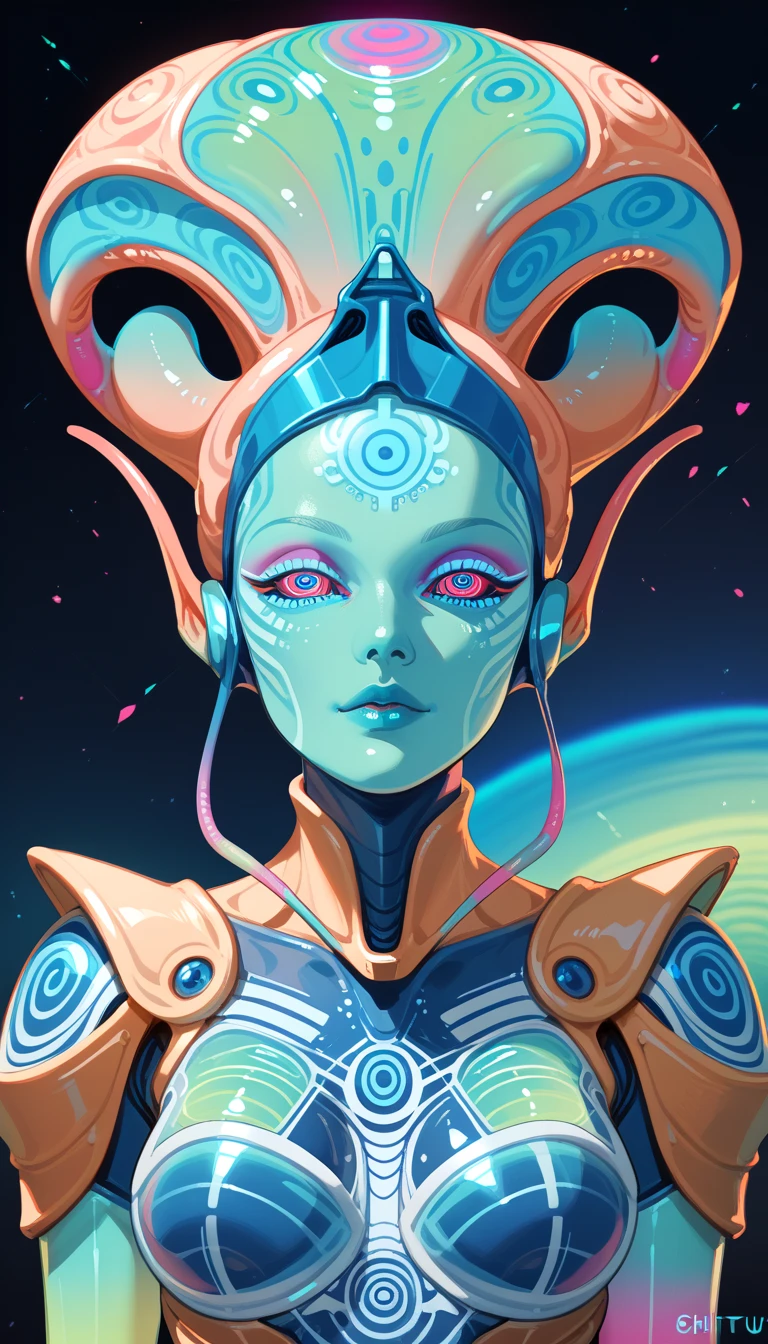 Ancient Extraterrestrial Creature, Alien Being, ((Non-Human)), Female seductive Alien, ((psychedelic skin)), chitinous skin, Alien clothes, Holographic Heavy armor