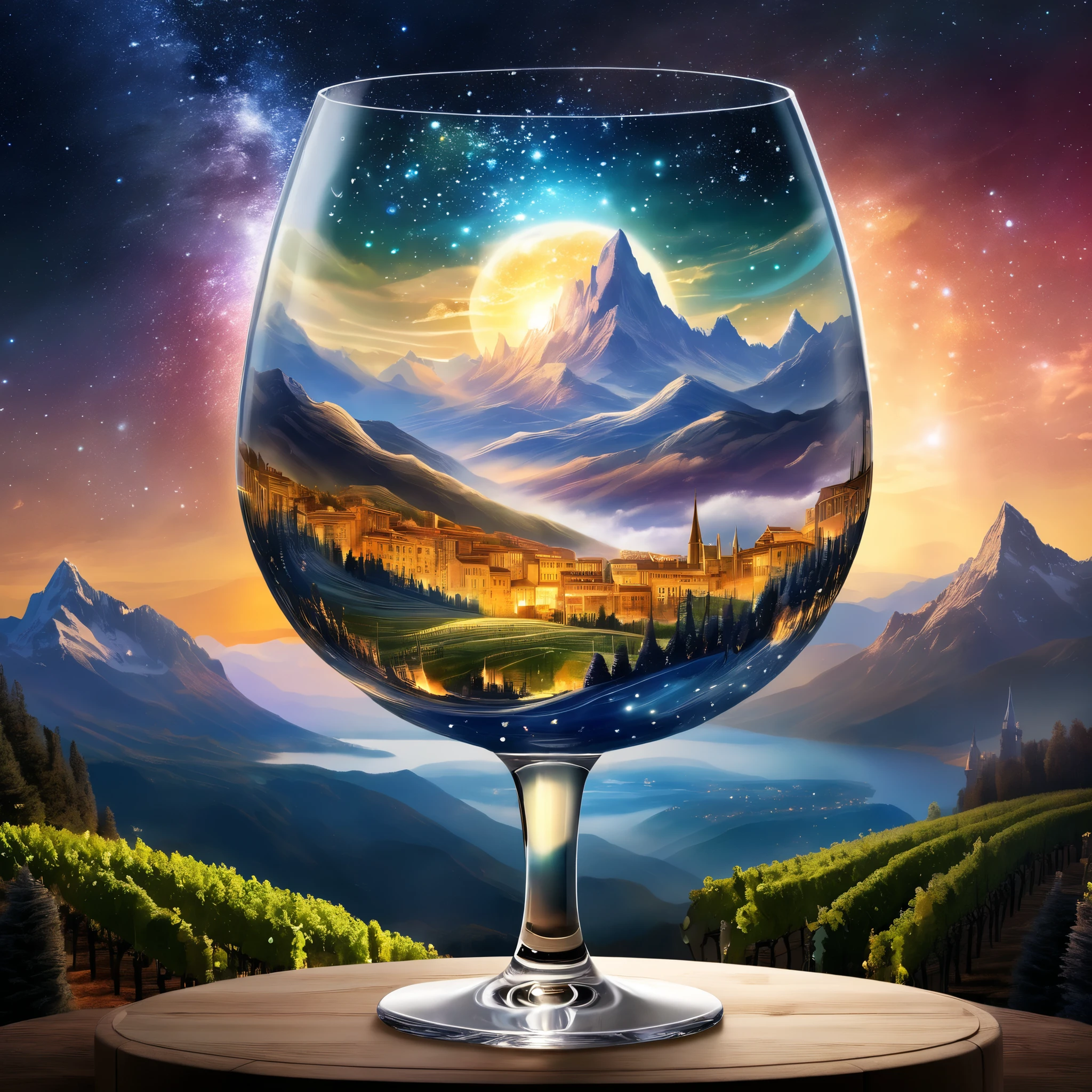 create a celestial scene in a wine glass, It depicts a surreal landscape、Mountain々and auroral skies. in the background 、includes sparkling sunsets and cityscapes. style is fantasy and represents、should include ethereal elements.