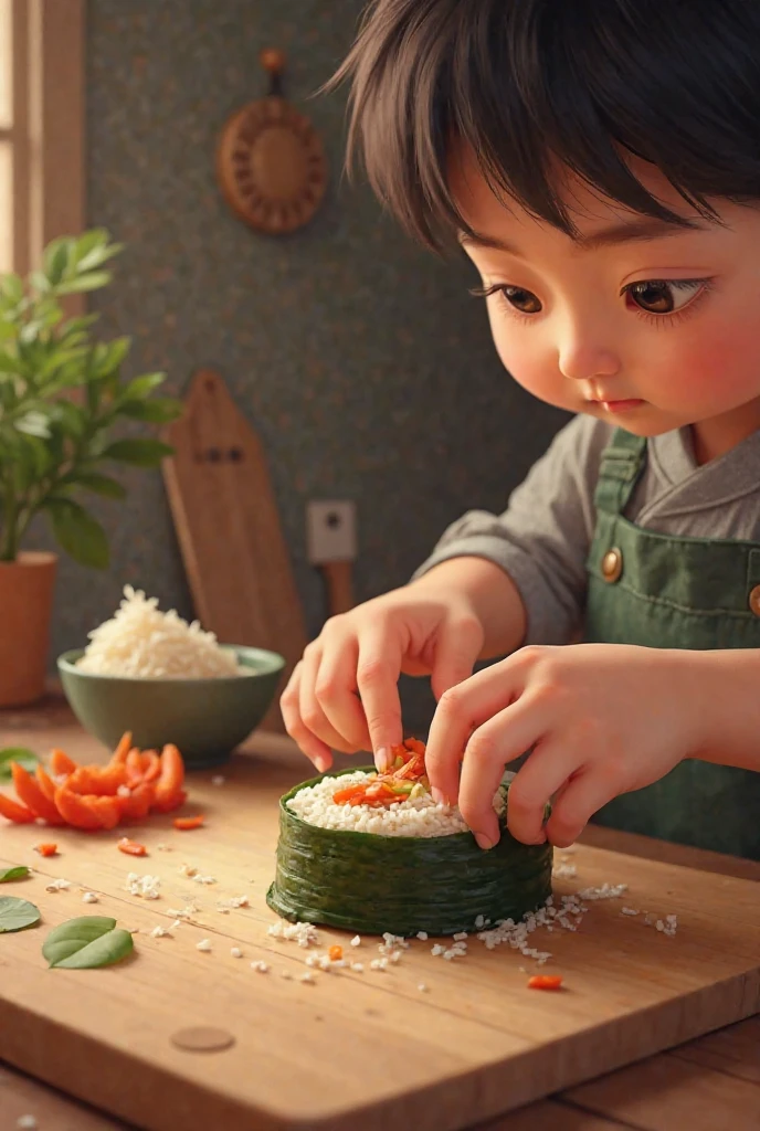 A little boy eating rice with bowl and chopsticks
