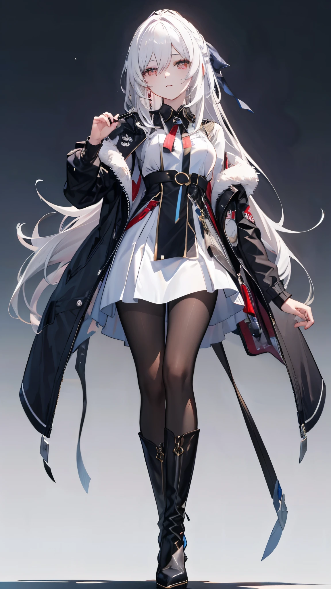long white hair，She is wearing a white shirt，white pantyhose，white boots,120d pantyhose，Black Jacket， 
