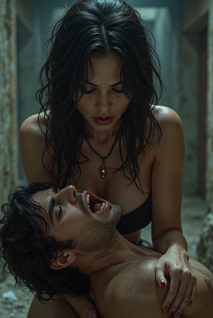 (photorealism:1.2), The Mask dancing with a sexy curly brown hair woman, She fainted with her mouth open and her arms limp 