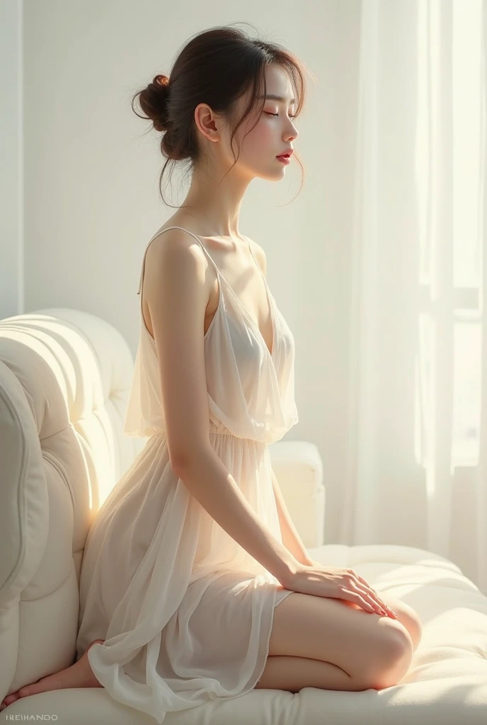 The image depicts a serene, ethereal scene with a young woman sitting gracefully. She is dressed in a flowing, light-colored dress adorned with delicate embellishments. The background features intricate, ornate architecture with soft lighting that creates a dreamy atmosphere. The setting appears to be indoors, with light filtering through, casting a magical glow around the woman. The overall aesthetic of the image is elegant and otherworldly, with a soft, pastel color palette and sparkling elements that add to the enchanting feel.