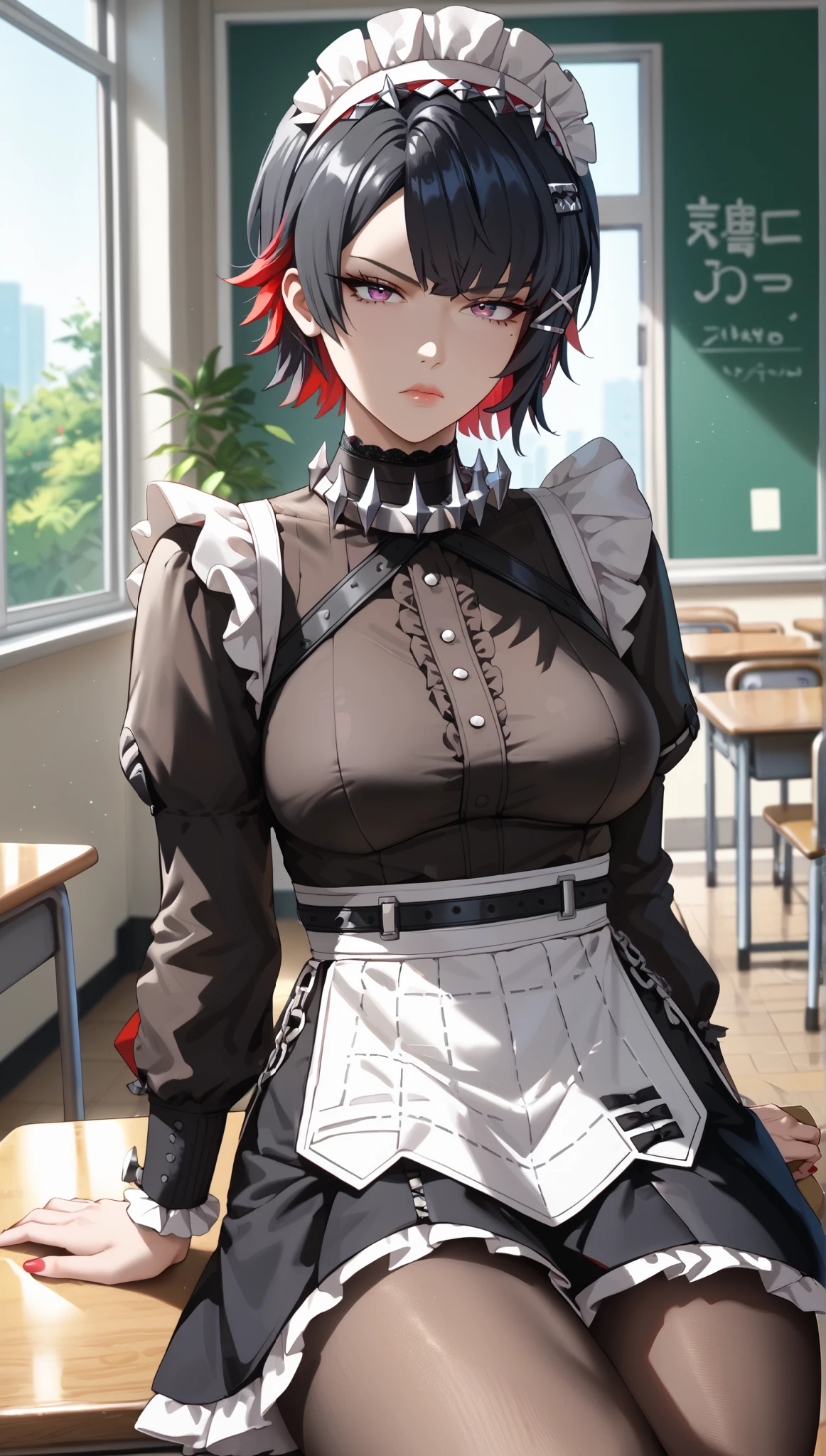 (masterpiece, best_quality:1.2), 1girl, solo, mature female, Ellen Joe Zenless Zone Zero, short hair, black hair, red underhair, hairpins, (housewife:1.5,), beautiful eyes, female focus, looking at viewer, medium breast, thick thighs, wide hips, ((solo)) detailed, very high resolution, no blurry image, beautiful, elegant, intricate details, detailed background, annoyed face, wearing a maid outfit, black pantyhose, inside classroom, sits on a table