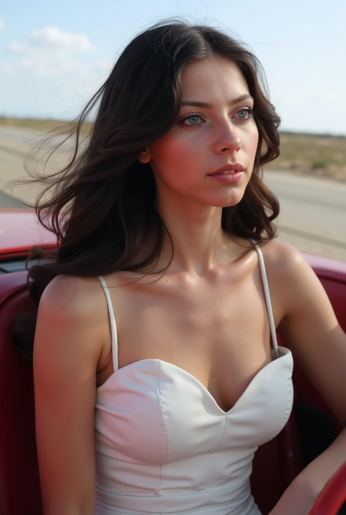 age 26, e girl, ( Masterpiece, 4k resolution, ultra-realistic, very detailed) long thickblack hair, blue eyes, dressed in a tight white prom dress, revealing cleavage, sitting in the front seat of her car, red convertible, driving on the highway in California, head turned to the side, hair flowing in the wind, in the middle of talking, hand gestures, slim bodytype, seductive look. side profile