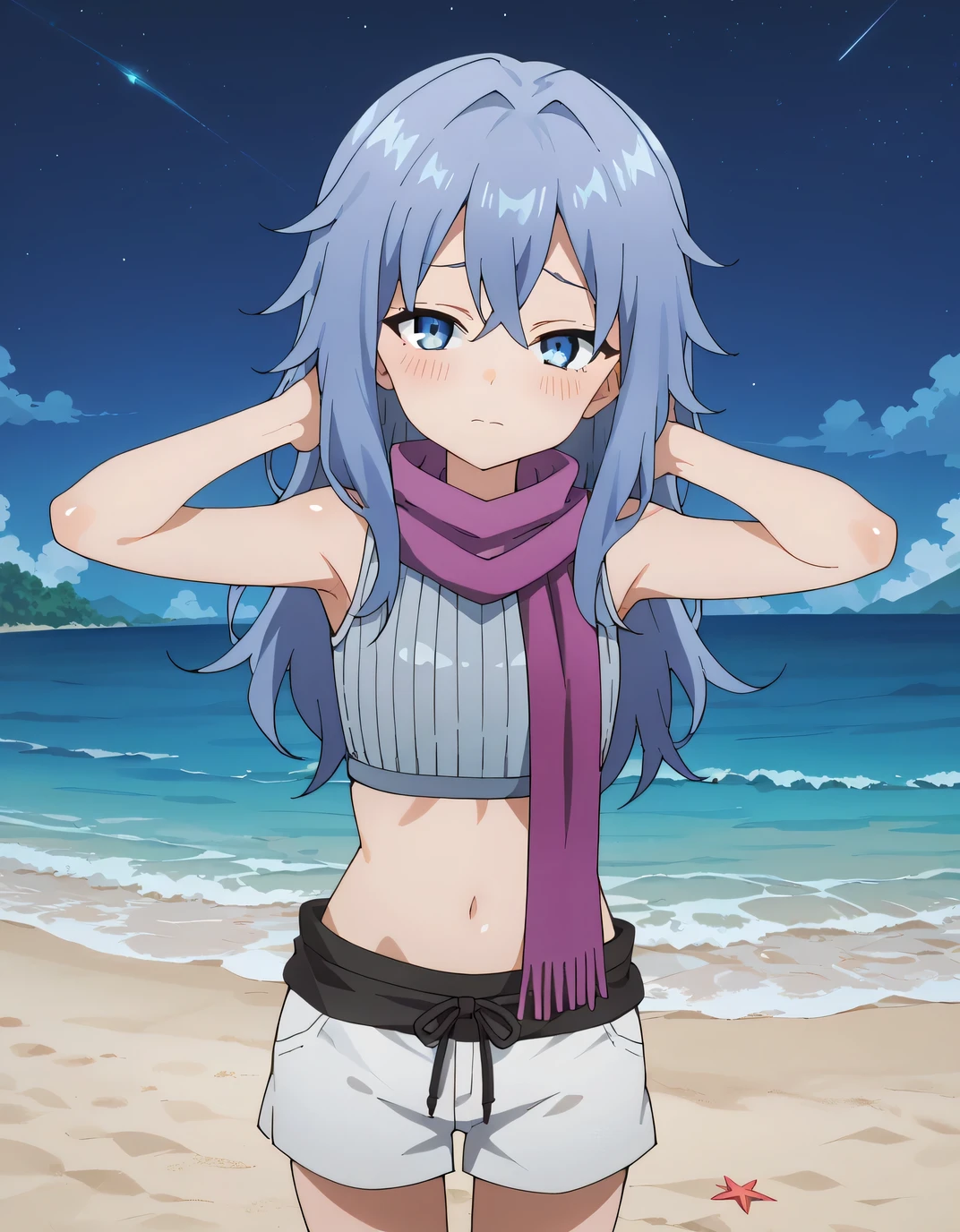 Hagi, blue eyes, blue hair, long hair, crop top, sleeveless, purple scarf, shorts, anime screencap, shiny skin, high quality, solo, looking at viewer, cowboy shot, (contrapposto), hands behind head, looking at viewer, closed mouth, night sky, beach, looking at viewer, blushing, shy, best quality