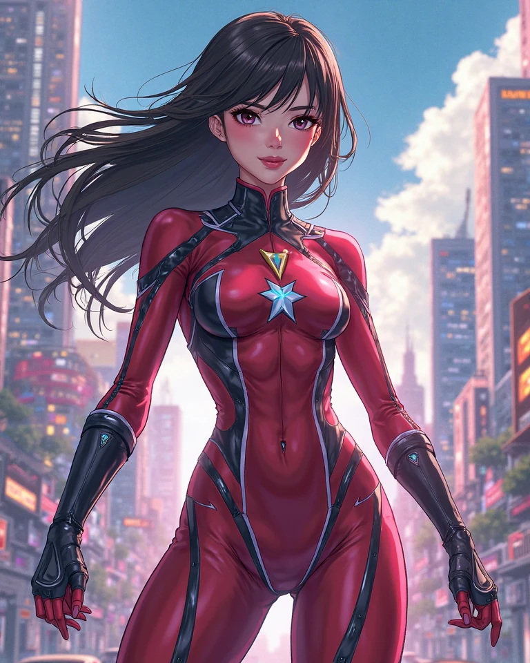 masterpiece, best quality, 1girl, medium breasts, (leotard, red leotard with white accents, sleeveless, midriff), bare legs, boots, matching boots, bracelets, city backdrop, solo, single, standing, heroic, (full body shot, cowboy shot), beautiful detailed eyes, medium hair, superhero, (glow, powering up, light particles)