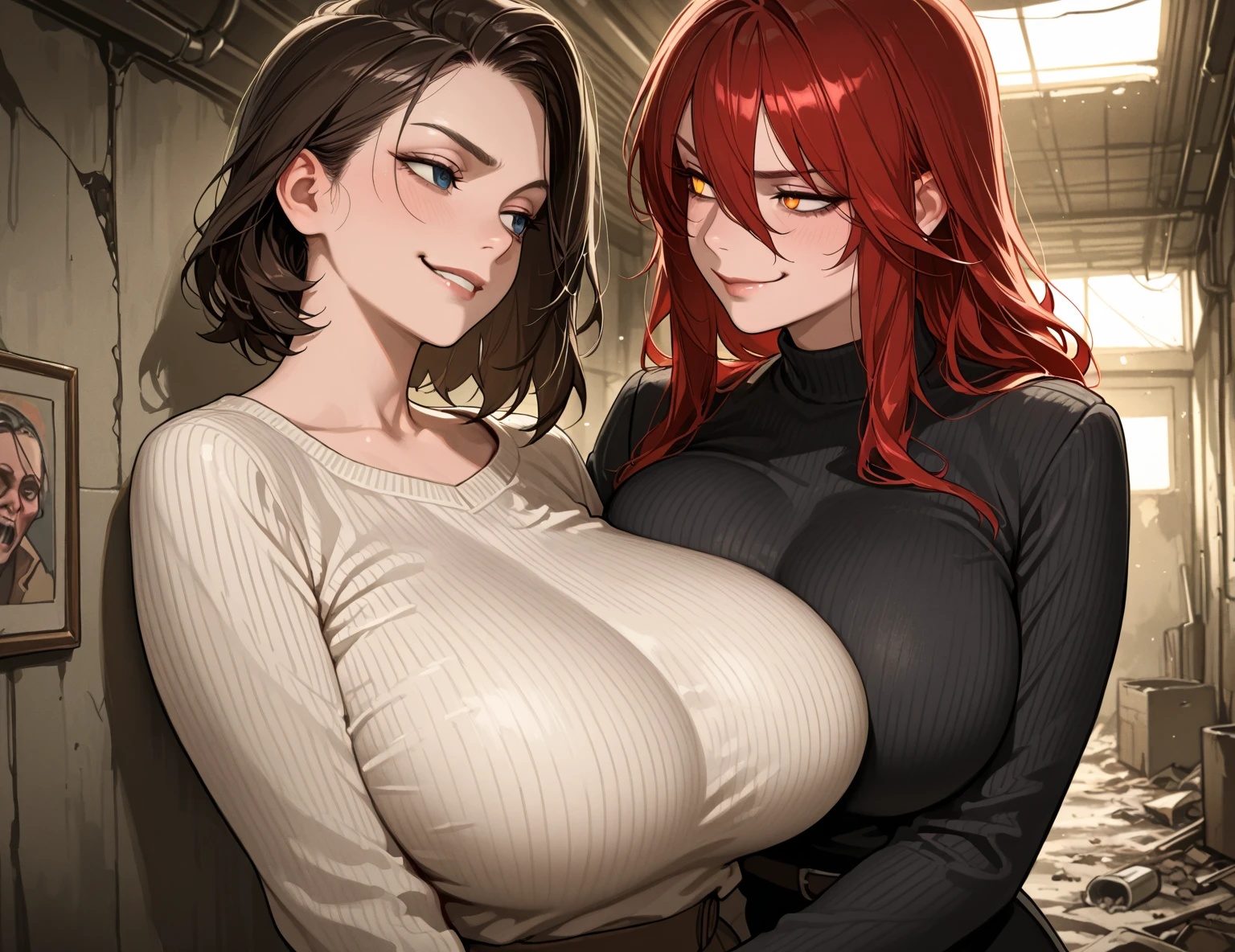 2heads, tall chubby woman with 2 heads. Massive breasts. Mature milf. Freckles. In a messy living room. Titfuck, paizuri. Naked. Deep cleavage. Messy long black hair. Blushing. Happy, smiling. Thick eyeliner. Seductive. Huge thighs. Girlfriend. Smirking. Freckles, many freckles, freckles on breasts. Casual. Titfuck, POV paizuri.