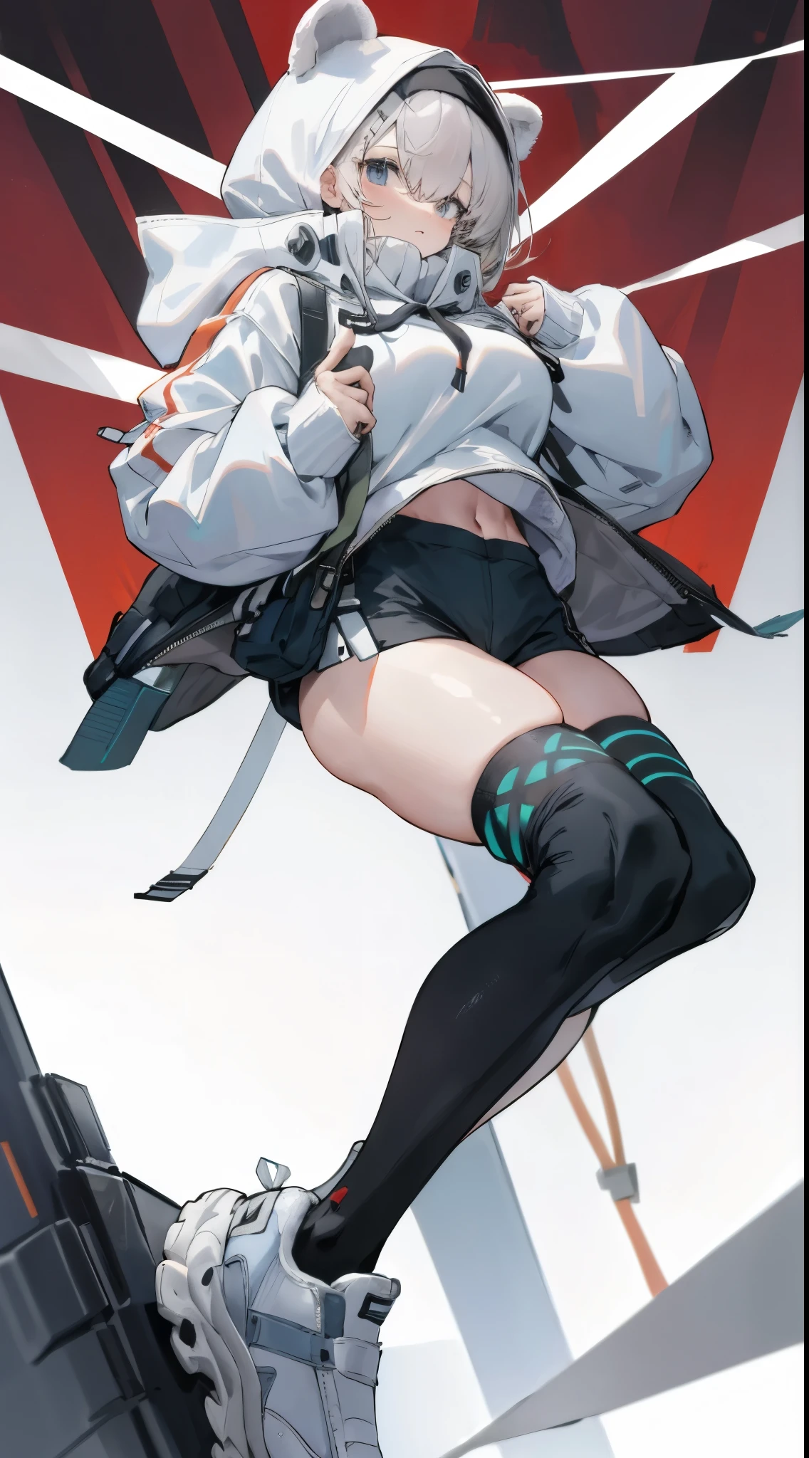 Bigboobs，cropped shoulders，White color hair，Black over-the-knee stockings，High ponytail，Stand up，sporty attire，Top-down view，camisole