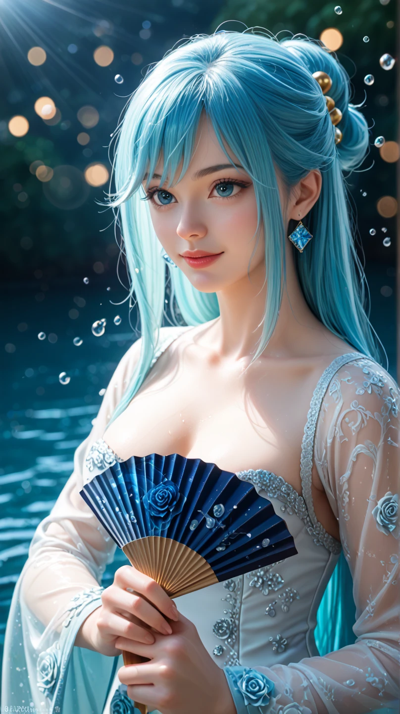 beauty with blue hair and flowers floating in water, beautiful beauty, beautiful digital illustration, beautiful artwork illustration, beautiful digital artwork, beautiful gorgeous digital art, beautiful digital art, asian female water element, gorgeous digital art, very beautiful digital art, close up fantasy with water magic, beautiful fantasy art, beautiful digital painting, beautiful digital illustration, gorgeous digital painting