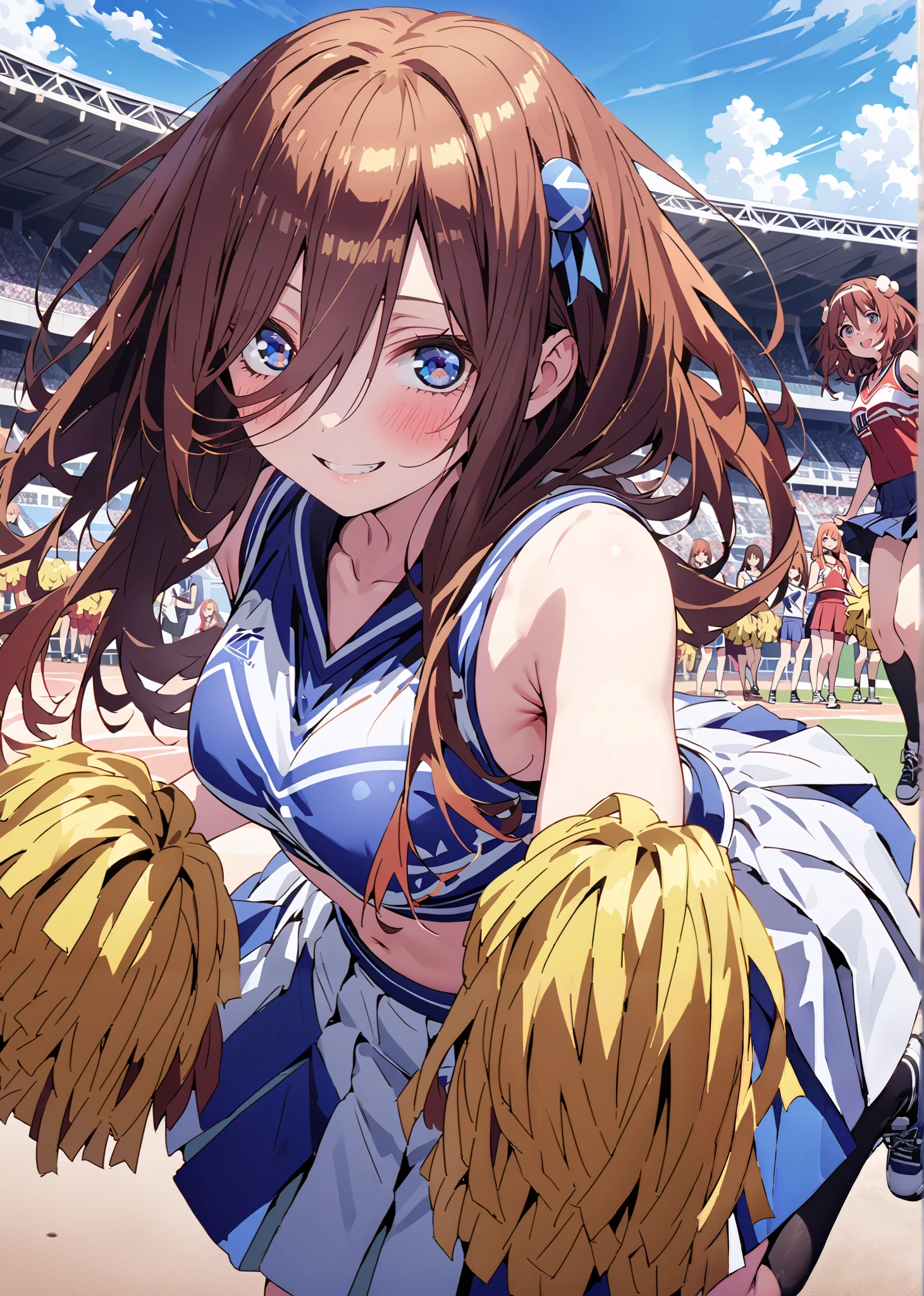 score_9, score_8_up, score_7_up, source_anime, Miku Nakano, Nakano Future, long hair, bungs, blue eyes, brown hair,Between the eyebrows,smile,blush,open their mouths, (CHEERLEADING), (full body), on chest, (semen), semen Wet Clothes, (blue clothes),sleeveless, pleated skirt on indoor floor,black socks,sneakers,belly button sticking, playground, (jump), (jump), 足を曲げてjumpする, , blue sky, Compa, smile,cheerleader with radiant skin, Pom-pom \(CHEERLEADING\) real hair ornaments,audience,full bodyがillustration for both eyesに入るように,break outdoors, Stadium,
break looking at viewer,
break (masterpiece:1.2), top quality, high resolution, Unity 8K Wallpaper , (illustration for both eyes:0.8), (beautiful detailed eyes every time I look to the side:1.6), highly detailed faces that insist on buttocks, perfect lighting, extremely detailed CG,full body写真, (PERFECT HAND, PERFECT ANATOMY),