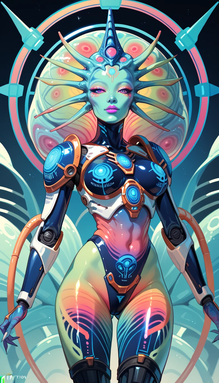 Cartoon photo of busty woman in blue and green and orange costume、Hot insect humanoid female、Guyver Style、SFW version、Scarabeleploid、tail、Cel Shade Adult Animation、Alien Queen、Core Crystal、