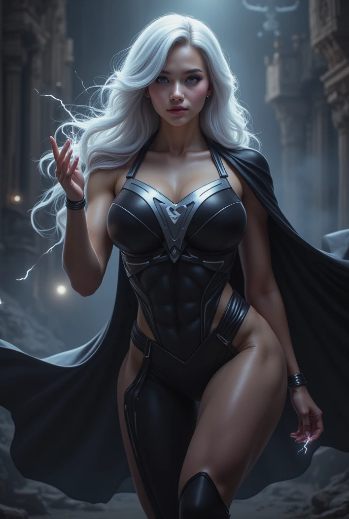 1girl, masterpiece, best quality, mature female, white hair, grey eyes, evil, angry face, white leotard, boots, sleeveless, gloves, floating, stormy backdrop, lighting emitting from her hands, solo, single, full body shot, cowboy shot, exquisite facial features, exquisite facial features