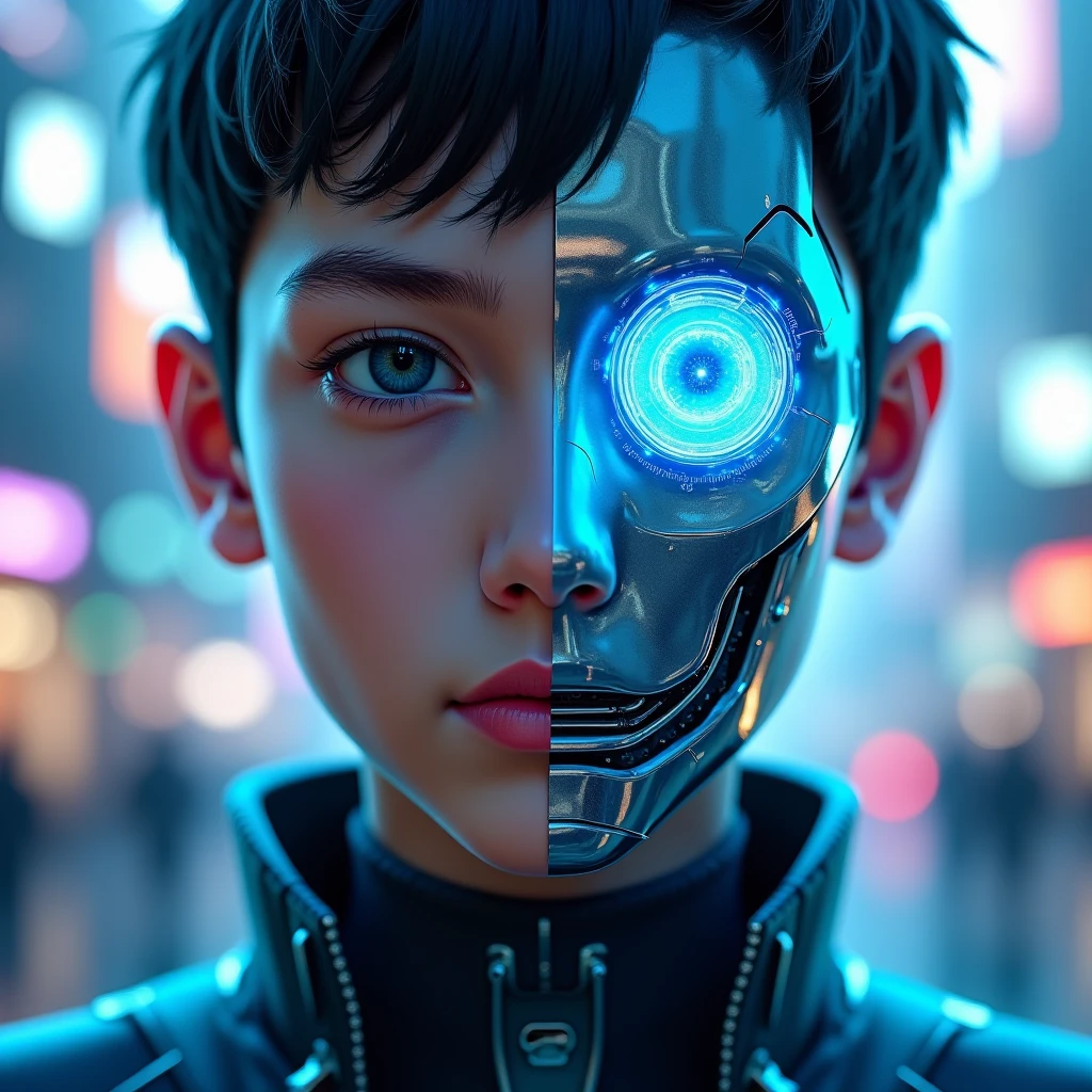 arafed man with a robot mask on his face, human with one robot eye, cyberpunk face, with robotic parts on his face, robotic face, movie still of a cool cyborg, robot with human face, symmetry!! portrait of cyborg, portrait of a cyborg, human like a cyborg, attractive sci - fi face, robot face, correct robot face