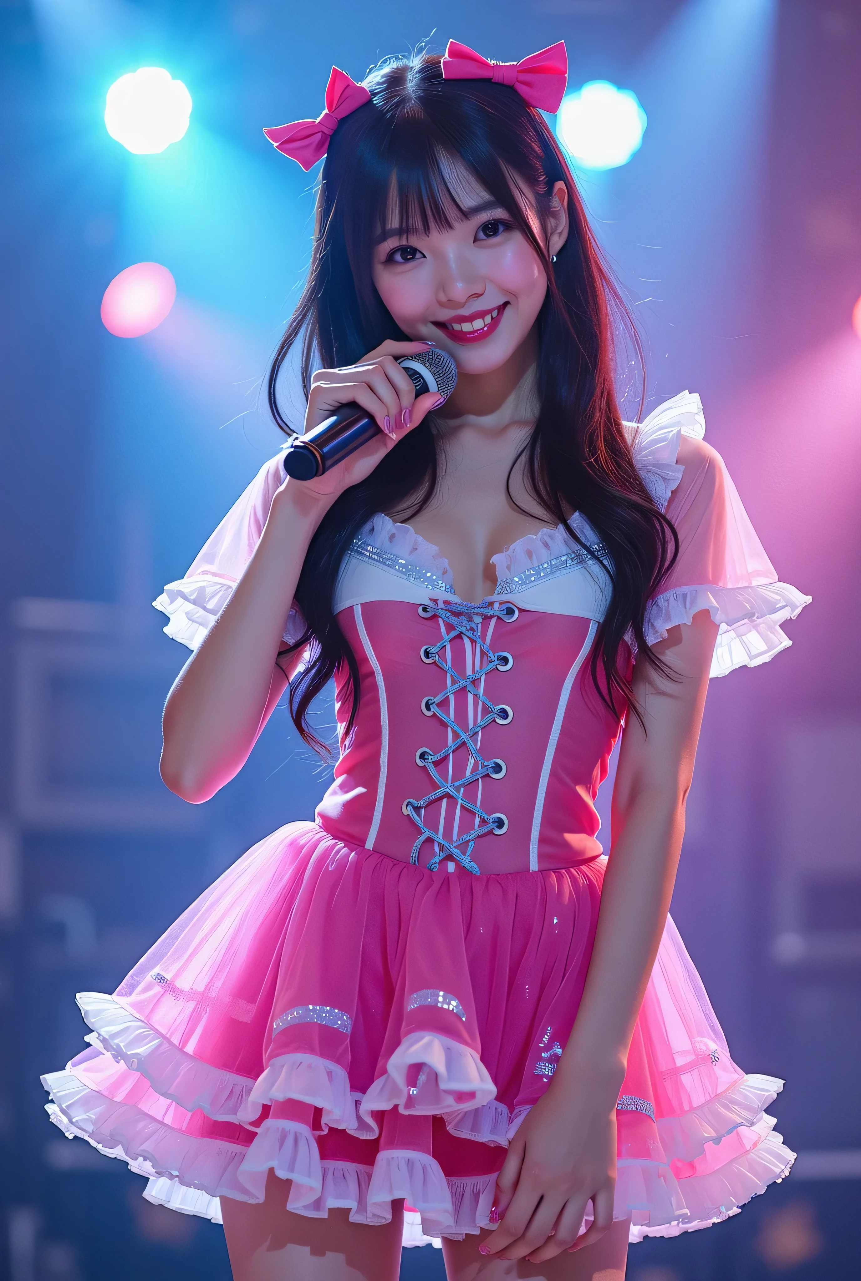 adult woman、exact number of fingers、Exact number of legs、Exact number of arms、bangs, ribbon ponytail, brown hair, (blush:1), (put one hand in your panties:1.8), fingering, (pussy juice:1.2), cum in mouth, (A woman is holding a microphone and is about to sing:1.5)、white and navy idol costume、That costume includes a navy blue idol-style corset., That costume has a ribbon on the collar.、The costume covers the shoulders, sides, upper arms, and arms., That costume only opens wide at the chest.、high socks、white idol style skirt, (Detailed and luxuriously decorated underwear:1.3), Ribbon at collar, (White and pink panties with lots of lace:1.3), white lace bra:1.2), sexy underwear, Thighhighs、 beautiful big breasts, (erect nipples:1), the skirt is turned up、highest quality, High resolution, (detailed and beautiful eyes:1.6), highly detailed face, perfect lighting, Very detailed CG, (perfect hands, perfect anatomy),embarrassed expression、The expression that you are holding back from going to the toilet, (sexual pleasure expression:1.4), (expression of agony:1.2)、close your eyes、sexy look、look upward、mouth half open、Climax、(live stage、a lot of spectators:1.3)、whole body