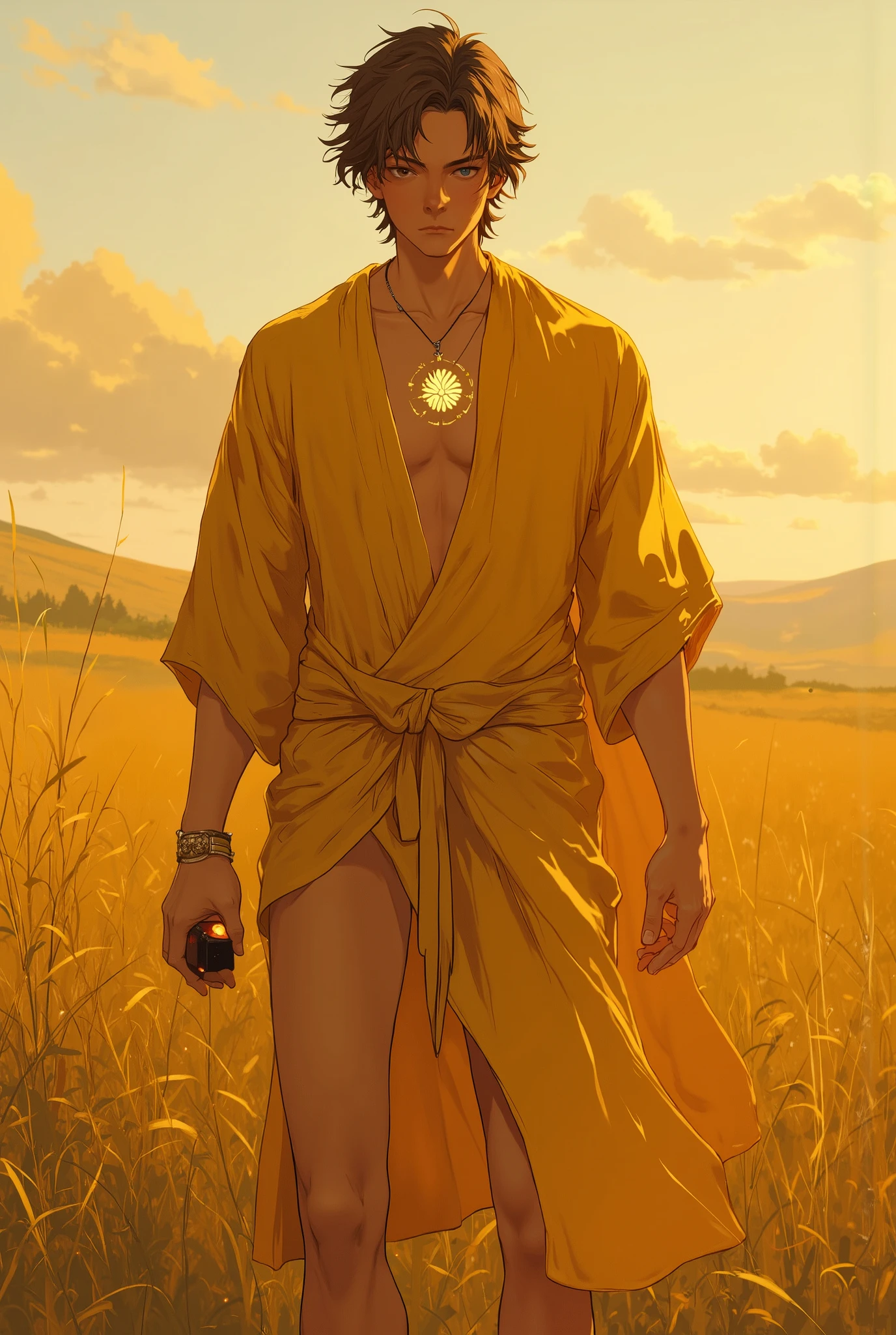humanoid golem, stitches on the body, dark skin, naïve look, guy, fluffy short hair, In full growth, Antique Clothing, Full-length, stitches on the neck and chest, Large bright eyes