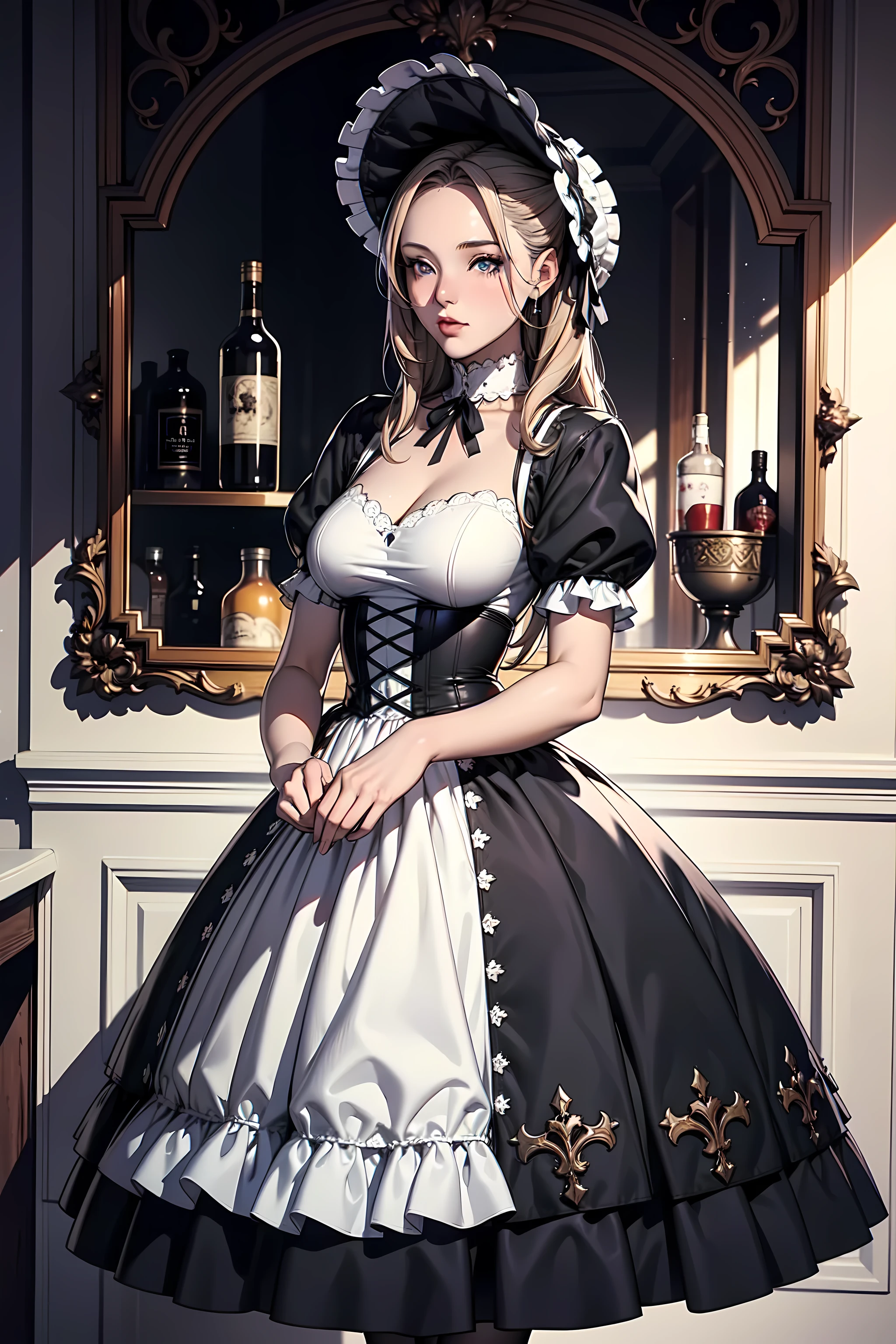 highest quality, masterpiece, Symmetrical and highly detailed eyes, flesh female, Highly detailed background, tendency (Art Station:1.46), Surreal, Cinema Lighting, Studio Quality, 8k resolution, masterpiece, A scene from a tea party with gothic ta cosplayers、Gothic Loliostume girls in the background、Everyone is showing off their cosplay in their own way.、An elegant white dress with a black base and a chest-hiding design、Highly detailed frills、Bonnet on vertical roll、Skirt inflated with panniers、gothic lolita s、Lolita girl hite elegance black dress decorated with ruffles、A skirt with a vertical roll pannier、Pixar Style, Tristan Eaton、Stanley Artgarm、Tom Bagshaw