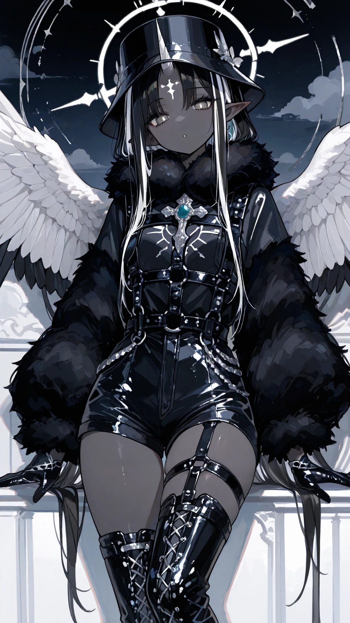 The girl is a fallen black-and-white angel. Her hair is obsidian black and long and straight with white highlights. her eyes are dark black with white inverted crosses-like pupils. She has dark grey skin and pointed ears. In the center of her forehead she has a one black unicorn-like horn decorated with silver chains. She is wearing a black jumpsuit with short shorts, a fur collar and fur sleeves. She wears high hip-length patent leather boots with straps. She wears a black fur mink bucket-hat with brooch in the form of a cross on her head. She wears leather gloves. She's wearing silver garters and a harness with inverted crosses. She has six wings on her back, three black and three white wings. She flies in a white heavenly city among the clouds, leaving a trail of black feathers behind her.