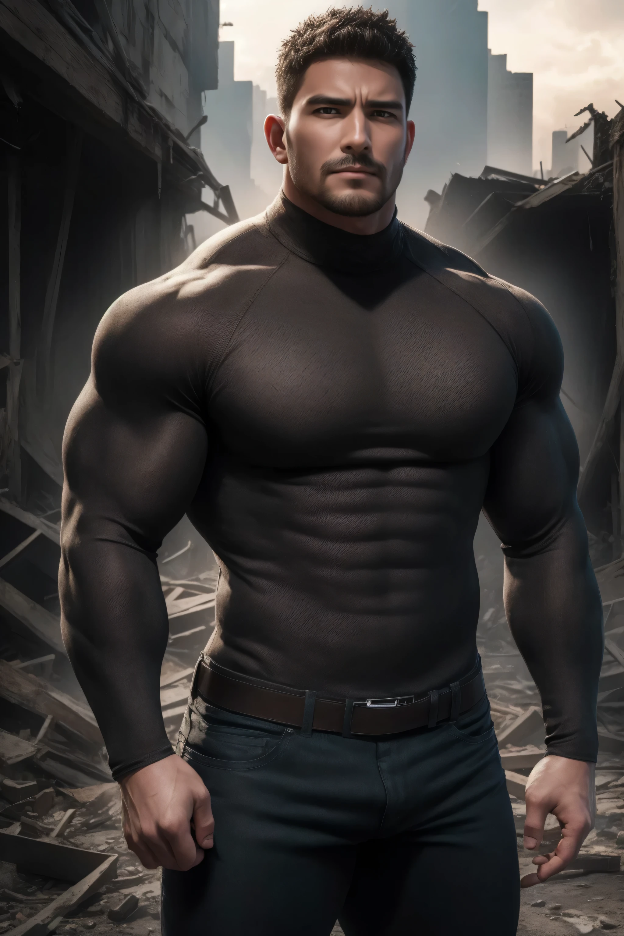 (best quality,4k,8k,highres,masterpiece:1.2),ultra-detailed,(realistic,photorealistic,photo-realistic:1.37),strong-jawline,fit body,dark and brooding eyes,stubble, piercing gaze,arriving at nightfall,midnight blue color palette,gentle moonlight illuminating his features,whiskers, broad shoulders,fitted t-shirt revealing his chiseled physique,strong arms with veins popping out,intense expression,shadowy atmosphere,deep rumbling voice,brooding personality,handsome,true love.
It's already night,in the dark,A muscular boyfriend steps into the frame。His thick beard is neatly trimmed,The blue eyes reveal a calm and profound aura。He is wearing a tight-fitting T-shirt,Show off his toned body,Broad shoulders and strong arms with pronounced muscular texture。The moonlight gently illuminated the side of his face,Highlighting his strong jawline and determined expression。In the blue-black tone of the picture,His arrival is like midnight,Brings a mysterious and quiet atmosphere。The boyfriend in the picture has a deep voice and twinkling eyes.,Revealing his inner strong personality。This handsome boyfriend makes the whole picture charming,Telling a true love story。