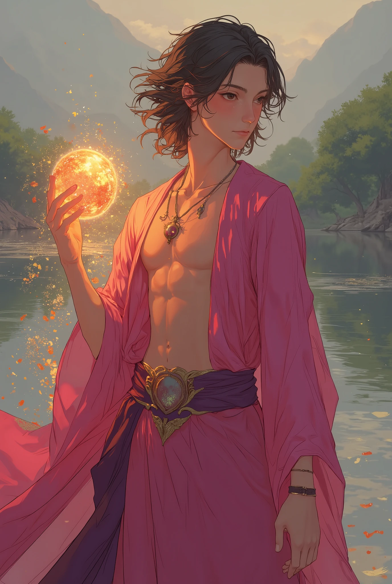 Young wizard man, Handsome, sexy in a rich pink outfit, tunic style that leaves your abdomen exposed, with a glemering golden energy sphere in his right hand , pronounced glutes, delicate appearance. lake background photo style. super detailed, UHD, 8k, epic realism, fantasy art, photo art