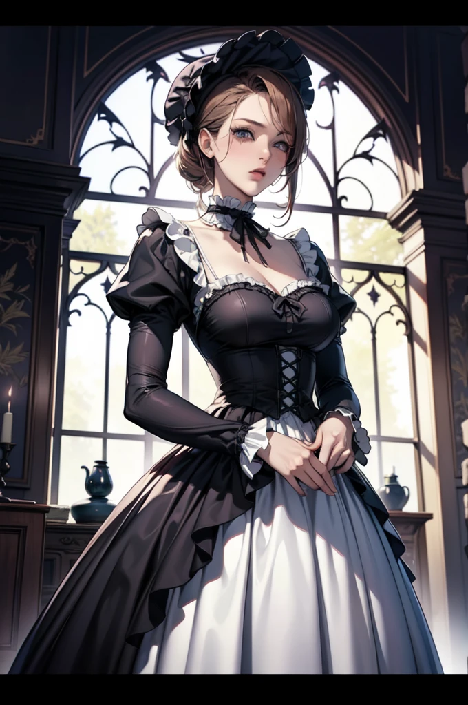 (Pure Color: 0.9), (Color: 1.1), (Masterpiece: 1,2), Best Quality, Masterpiece, High Resolution, Original, Highly Detailed Wallpaper, Beauty, Beauty, Victorian, Dress, Melancholy, Big Breasts,