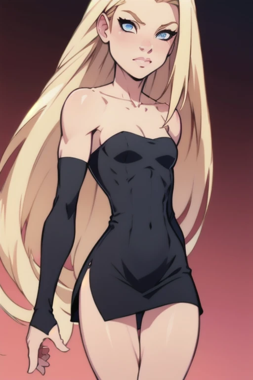 black clothes, black blouse, black pants, cleavage, sleeveless, (((view from front))), anime, 2D, HD, 8K, 90s style, 1girl, blond hair, nude, ((white skin)), , standing, (((cowboy shot))), medium breasts, forehead, serious, blue eyes, simple background, kasuki takahashi style, white background