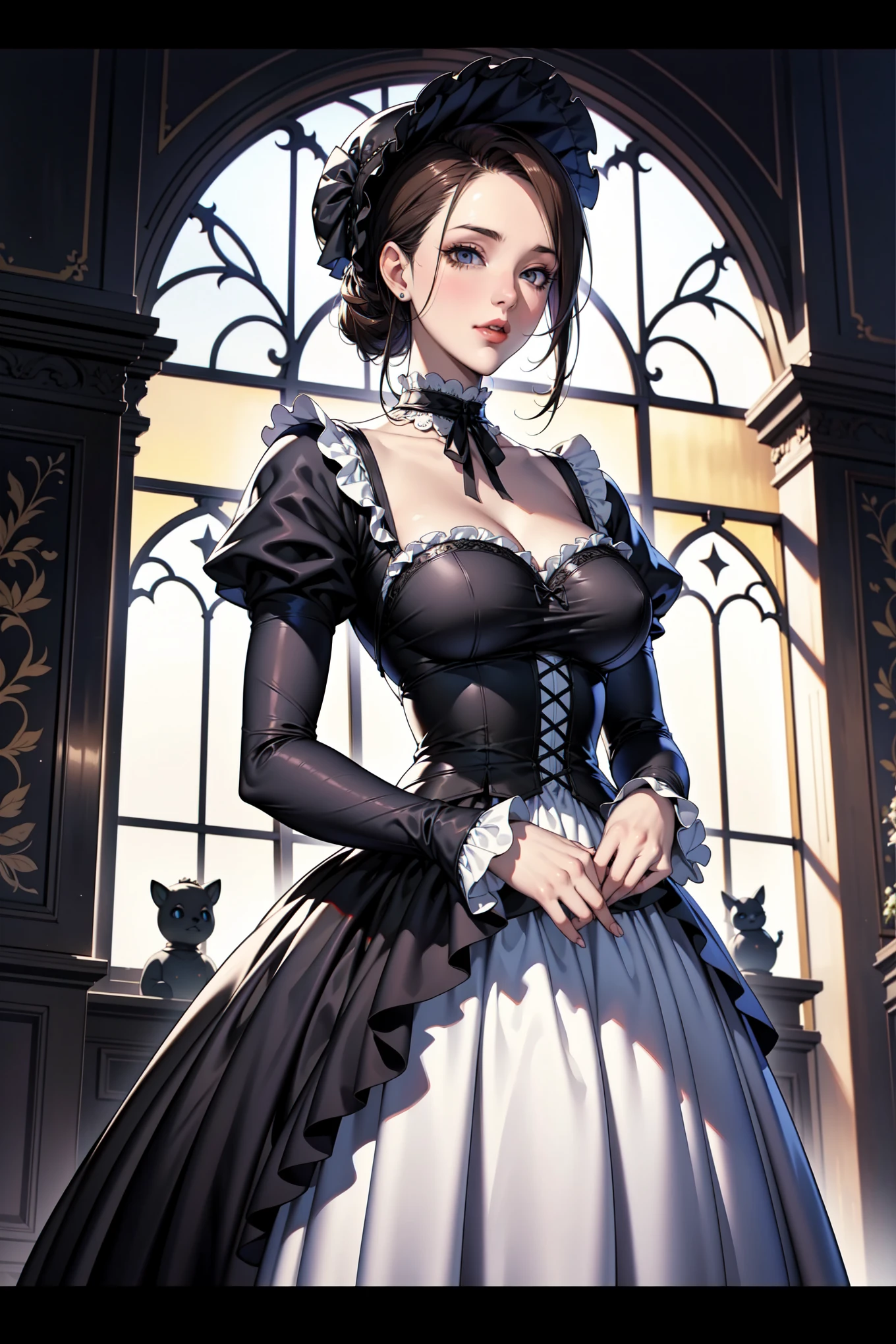 The most beautiful rose bush imaginable and an incredibly elegant young woman, superbly hairstyled, Espectacularmente maquillada y con un vestido deslumbrantemente en colores dorados, negros y grises fabuloso. In a dream garden on a magical night. (obra maestra) (mejor calidad)