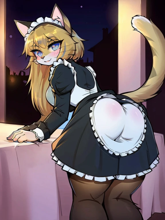 1girl, solo, multiple colored hairs, maid, black cat tail, smile, black thighhigh, leaning forward, outside, charm posing, paw stamps background, upskirt, (view from behind), slightly stretched pussy, slightly stretched anus, pussy juice,