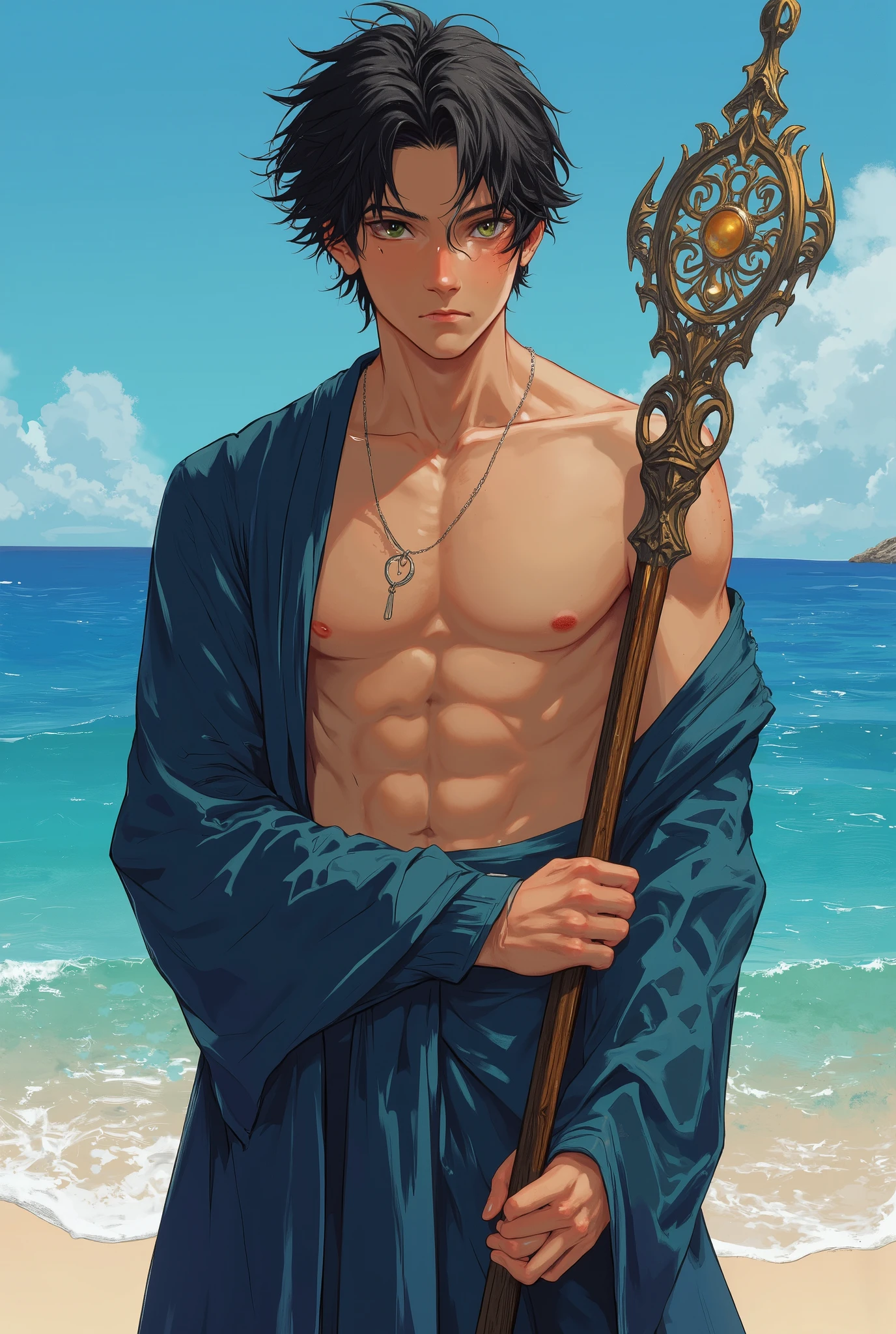 a handsome young man with a blend of features inspired by two references. He has black, messy two part hair that falls naturally, catching the light with a soft shine that enhances his youthful yet refined look.. His body is toned and athletic, like a professional sportsman, with visible abs and a broad chest, giving him an athletic yet elegant appearance. His skin has a natural, slightly freckled texture, adding character to his appearance. His eyes are striking green, like in the first reference, adding a mesmerizing and intense look. Handsome, sexy in a deep azure blue outfit, tunic style that leaves your abdomen exposed, with a wields a large, intricate wood staff in his right hand, pronounced glutes, delicate appearance. beach background photo style