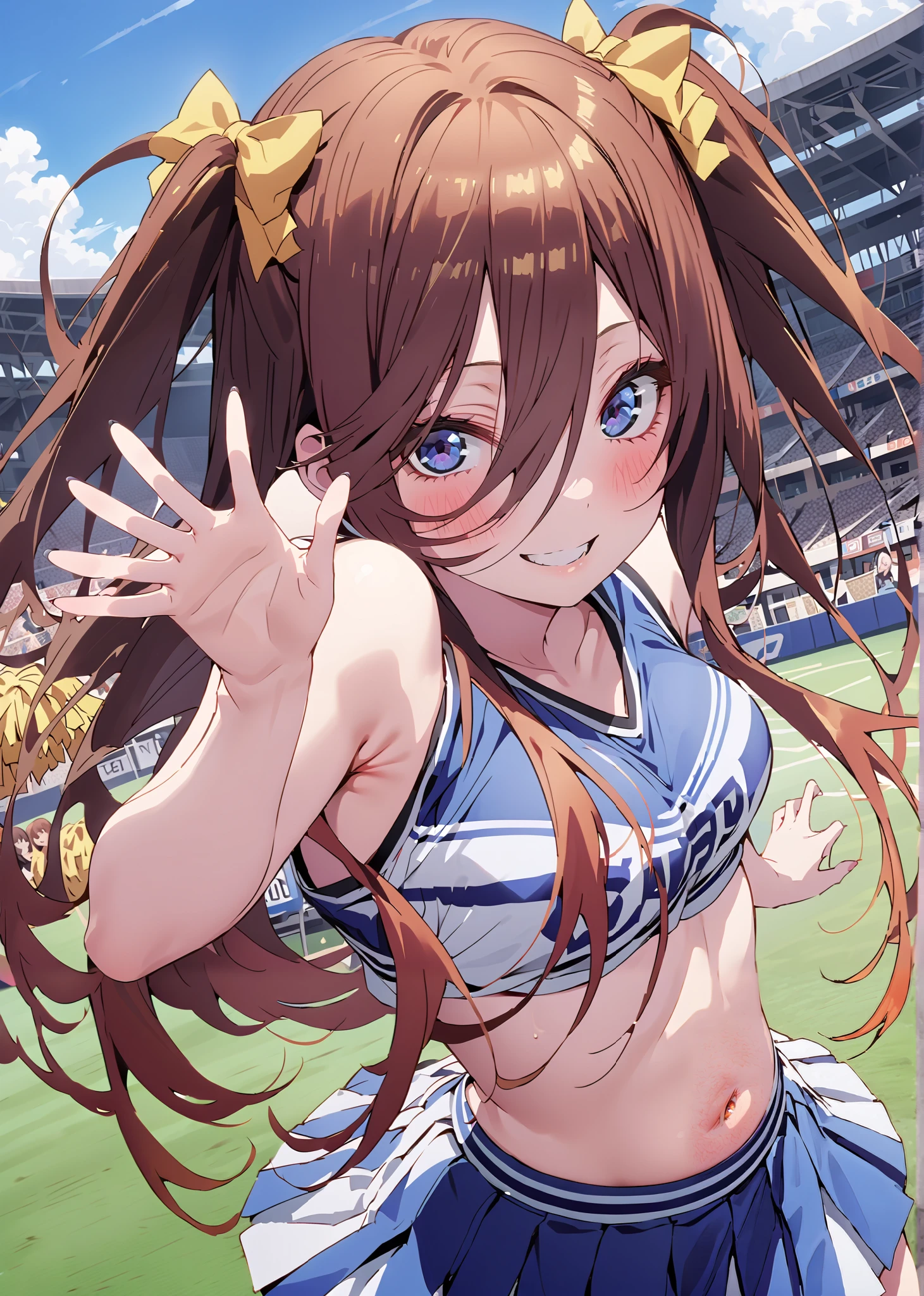 score_9, score_8_up, score_7_up, source_anime, Miku Nakano, Nakano Future, long hair, bungs, blue eyes, brown hair,Between the eyebrows,smile,blush,open their mouths, (CHEERLEADING), (full body), on chest, (semen), semen Wet Clothes, (blue clothes),sleeveless, pleated skirt on indoor floor,black socks,sneakers,belly button sticking, playground, (jump), (jump), 足を曲げてjumpする, , blue sky, Compa, smile,cheerleader with radiant skin, Pom-pom \(CHEERLEADING\) real hair ornaments,audience,full bodyがイラストに入るように,break outdoors, Stadium,
break looking at viewer,
break (masterpiece:1.2),top quality , kampala, Unity 8K Wallpaper ,(shape:0.8),( fine, beautiful eyes :1.6),It's a person ,full body写真,CG Details , (perfect hands with full nudity,complete anatomy),